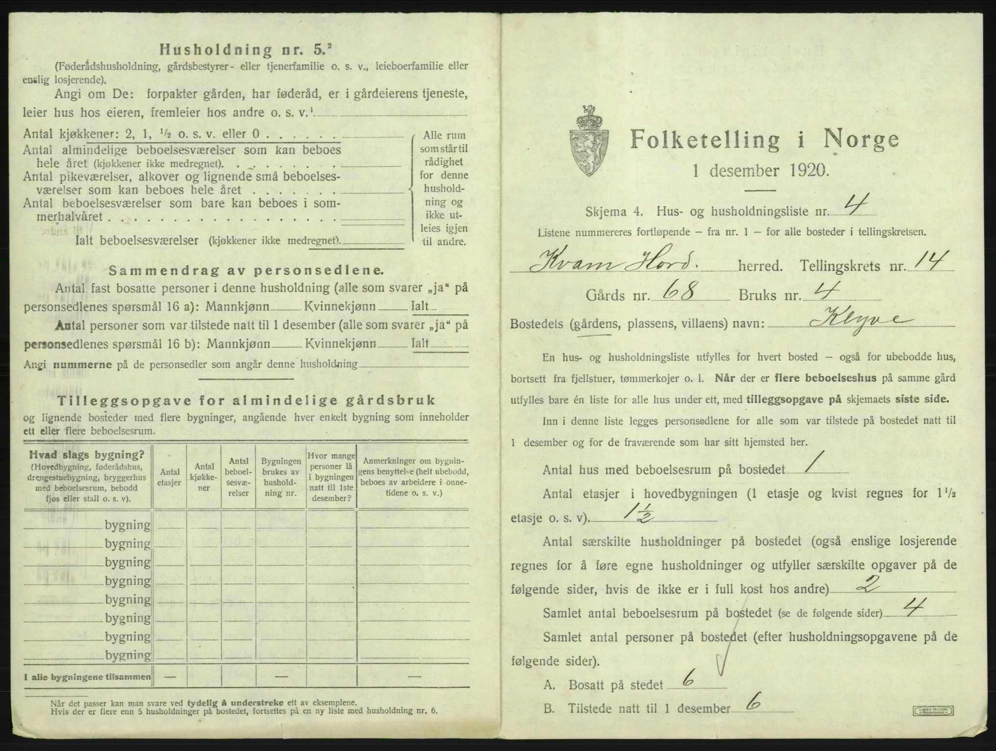 SAB, 1920 census for Kvam, 1920, p. 1159