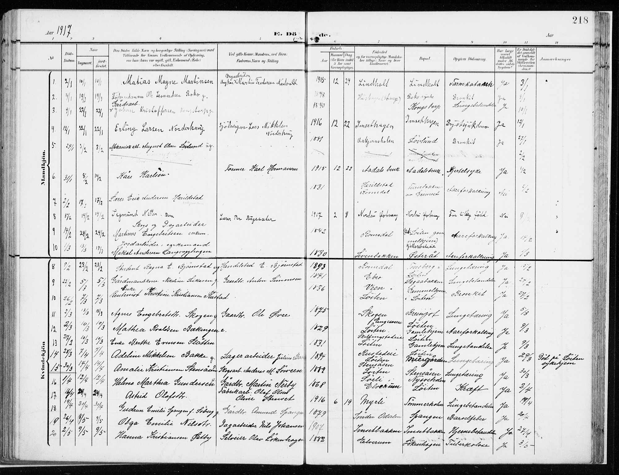 Løten prestekontor, AV/SAH-PREST-022/K/Ka/L0011: Parish register (official) no. 11, 1908-1917, p. 218