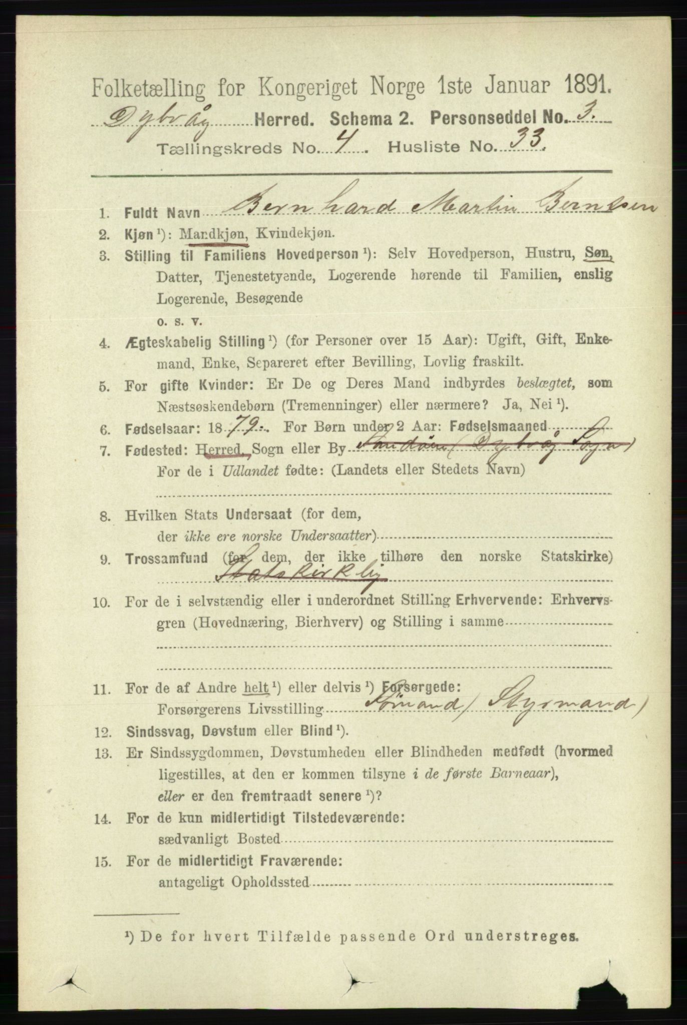 RA, 1891 census for 0915 Dypvåg, 1891, p. 1220