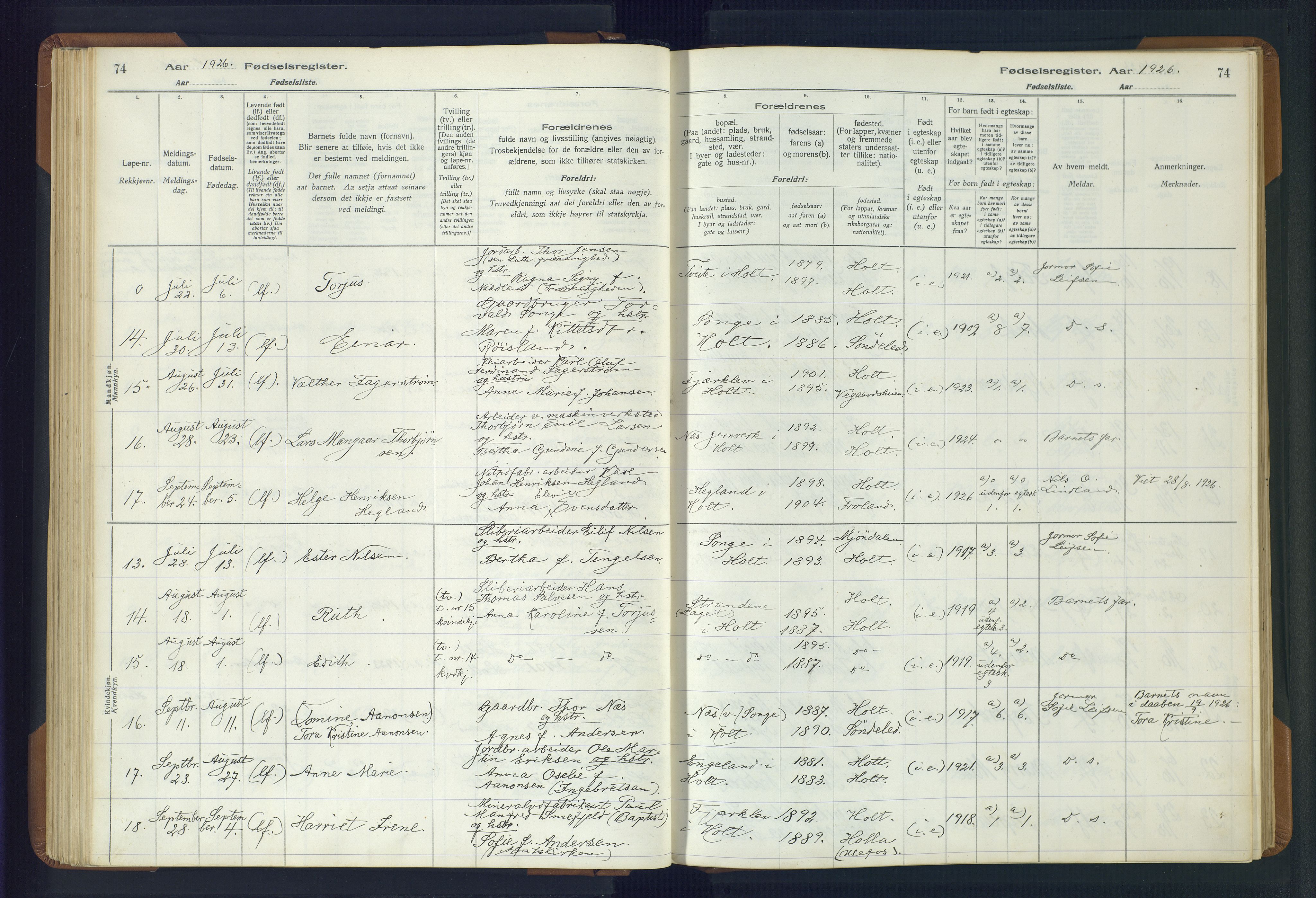 Holt sokneprestkontor, AV/SAK-1111-0021/J/Ja/L0001: Birth register no. II.4.1, 1916-1946, p. 74