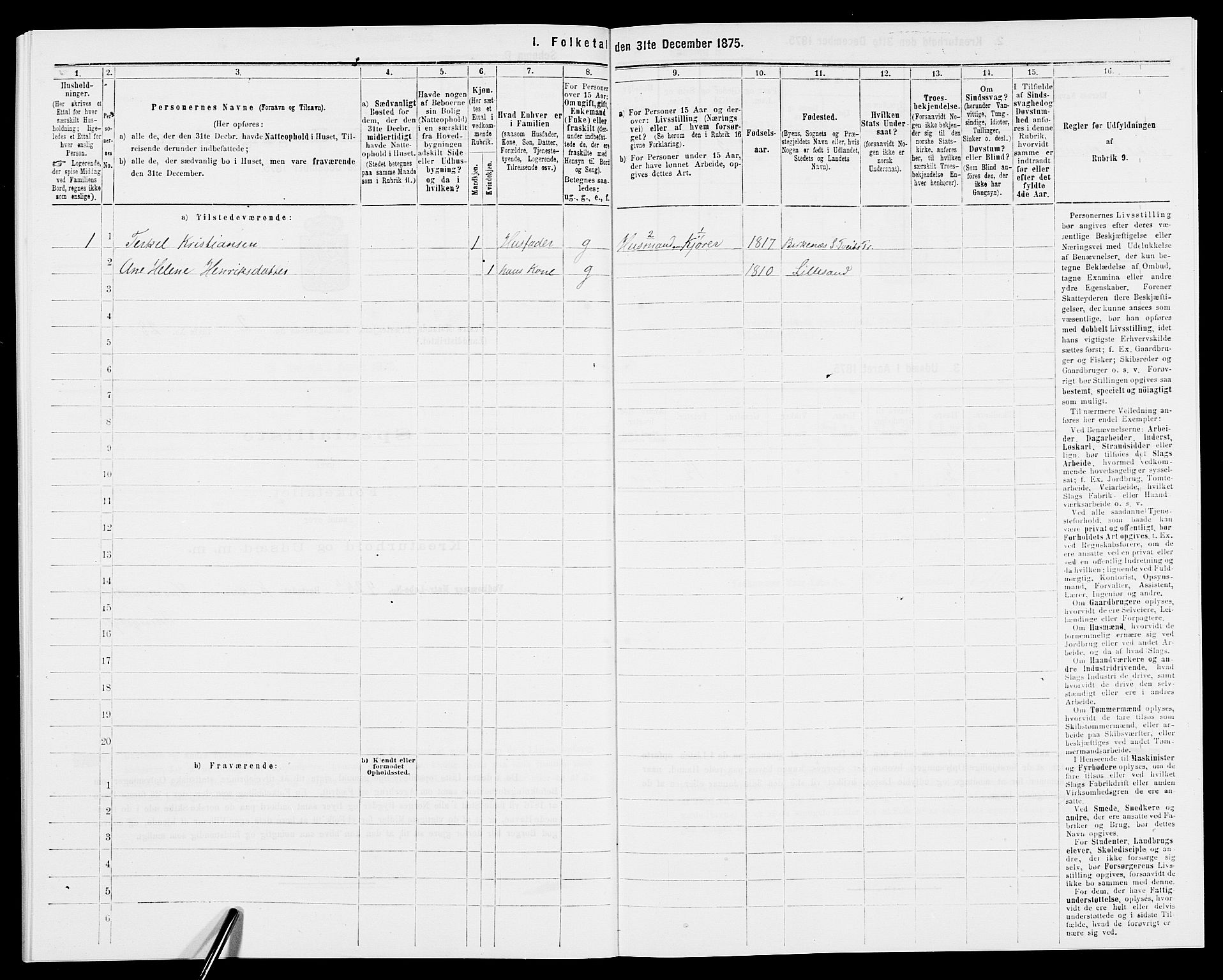 SAK, 1875 census for 0926L Vestre Moland/Vestre Moland, 1875, p. 228