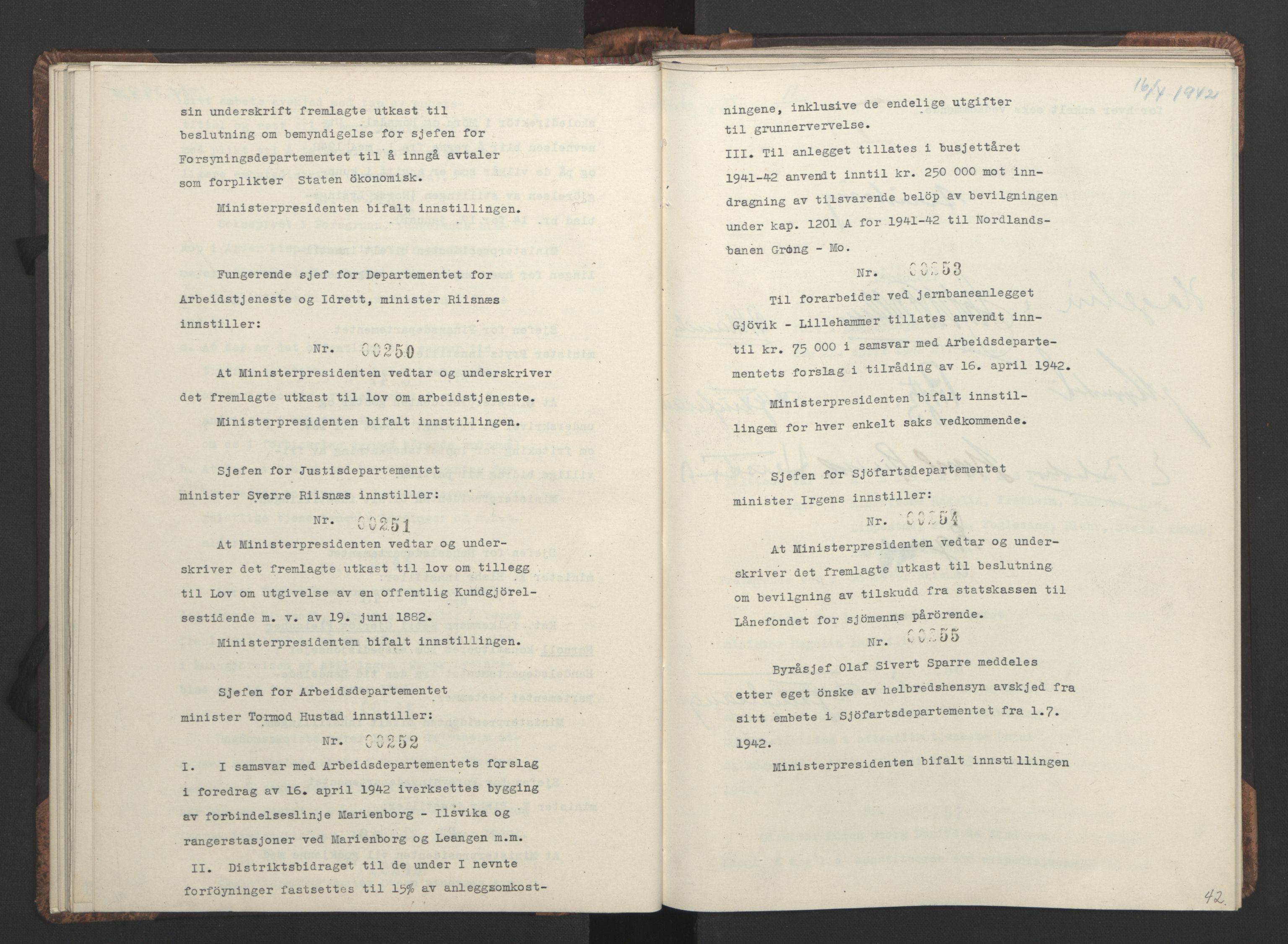 NS-administrasjonen 1940-1945 (Statsrådsekretariatet, de kommisariske statsråder mm), RA/S-4279/D/Da/L0001: Beslutninger og tillegg (1-952 og 1-32), 1942, p. 45