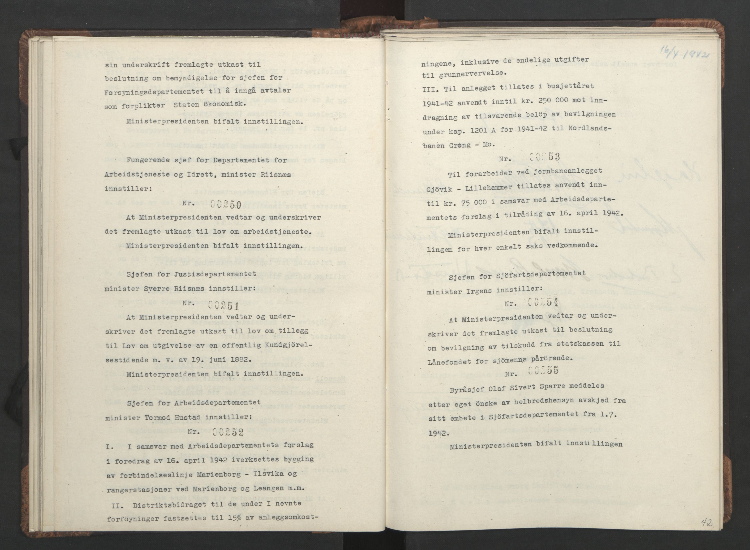 NS-administrasjonen 1940-1945 (Statsrådsekretariatet, de kommisariske statsråder mm), AV/RA-S-4279/D/Da/L0001: Beslutninger og tillegg (1-952 og 1-32), 1942, p. 45