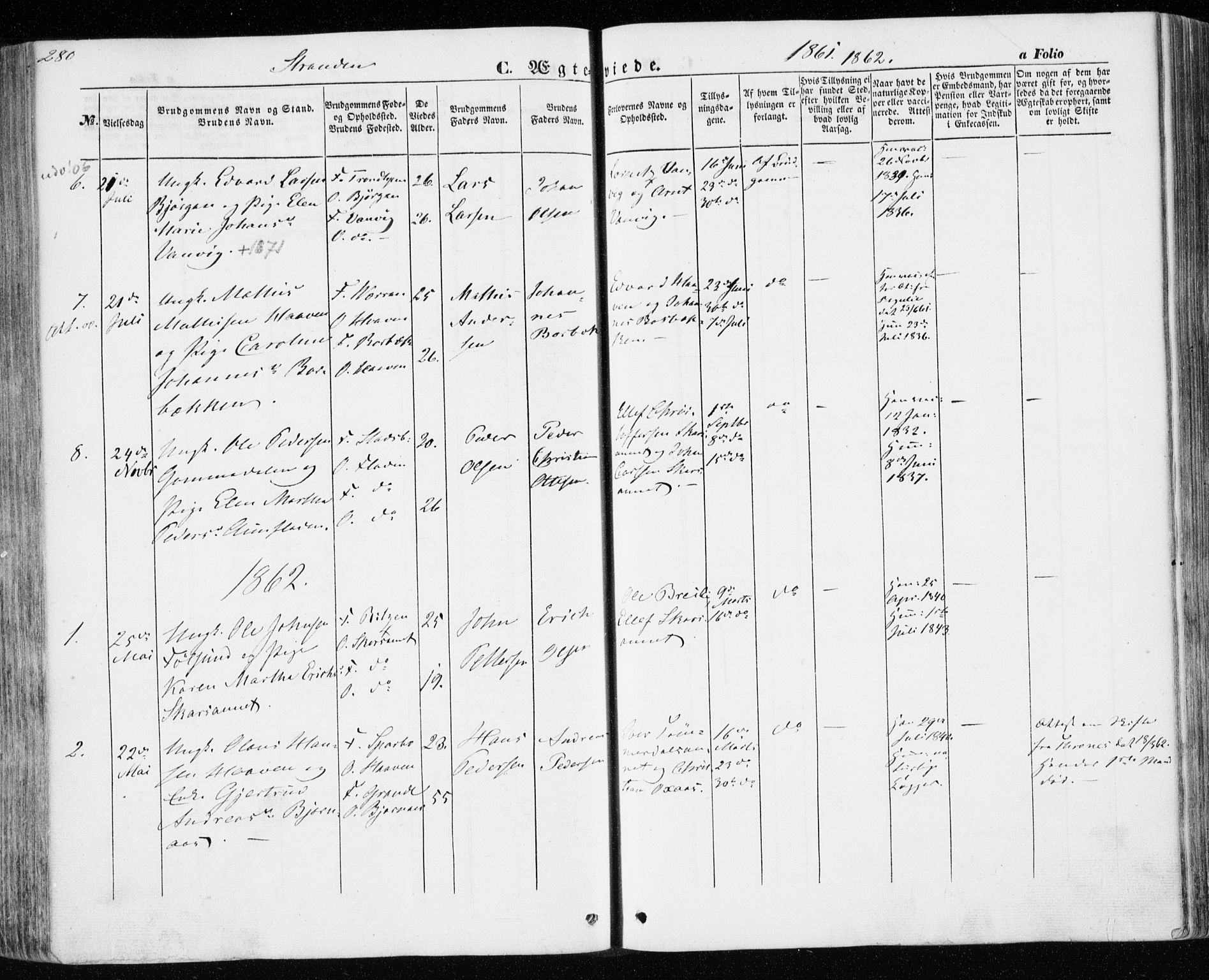 Ministerialprotokoller, klokkerbøker og fødselsregistre - Nord-Trøndelag, SAT/A-1458/701/L0008: Parish register (official) no. 701A08 /2, 1854-1863, p. 280