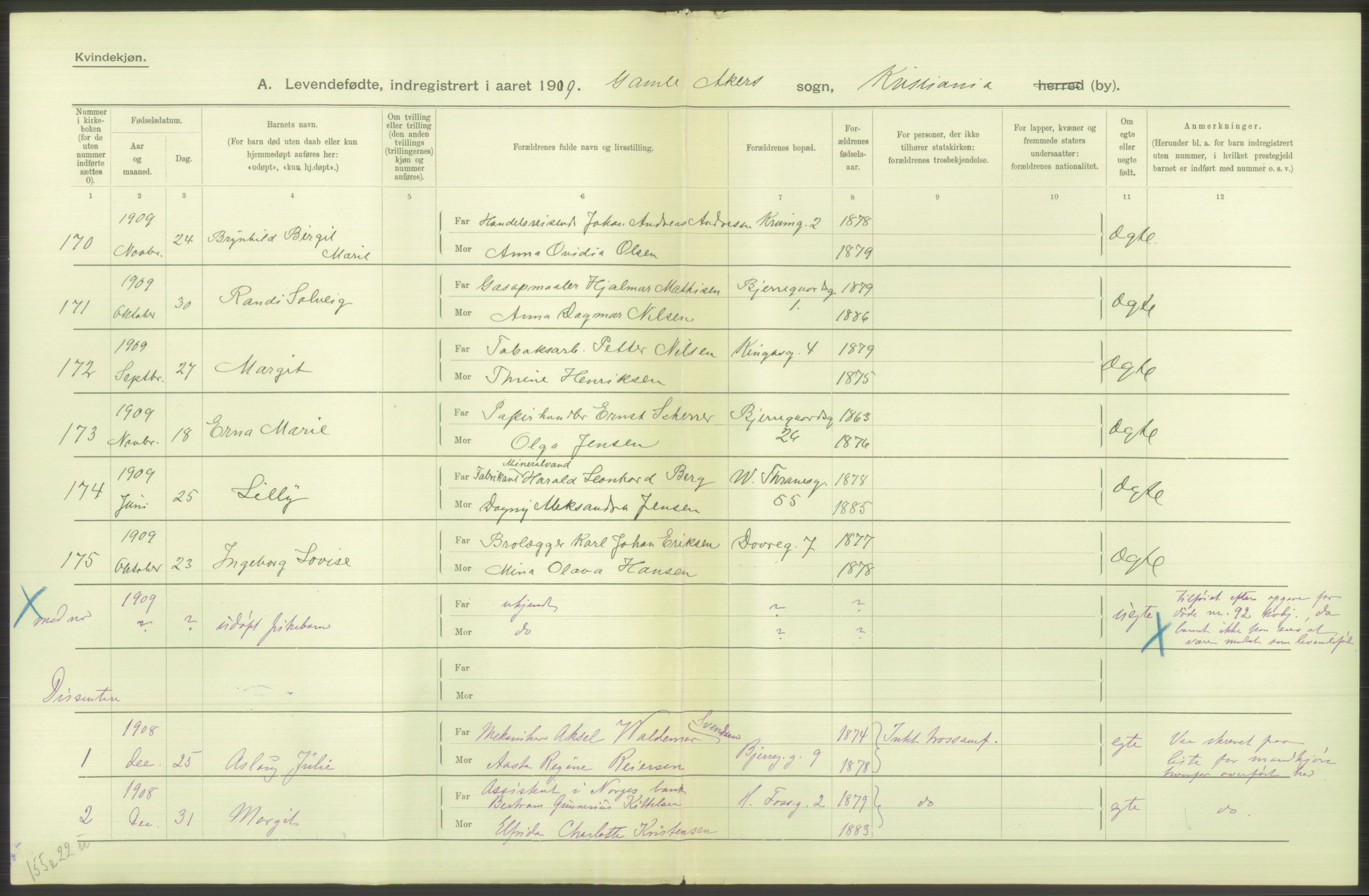 Statistisk sentralbyrå, Sosiodemografiske emner, Befolkning, RA/S-2228/D/Df/Dfa/Dfag/L0007: Kristiania: Levendefødte menn og kvinner., 1909, p. 704