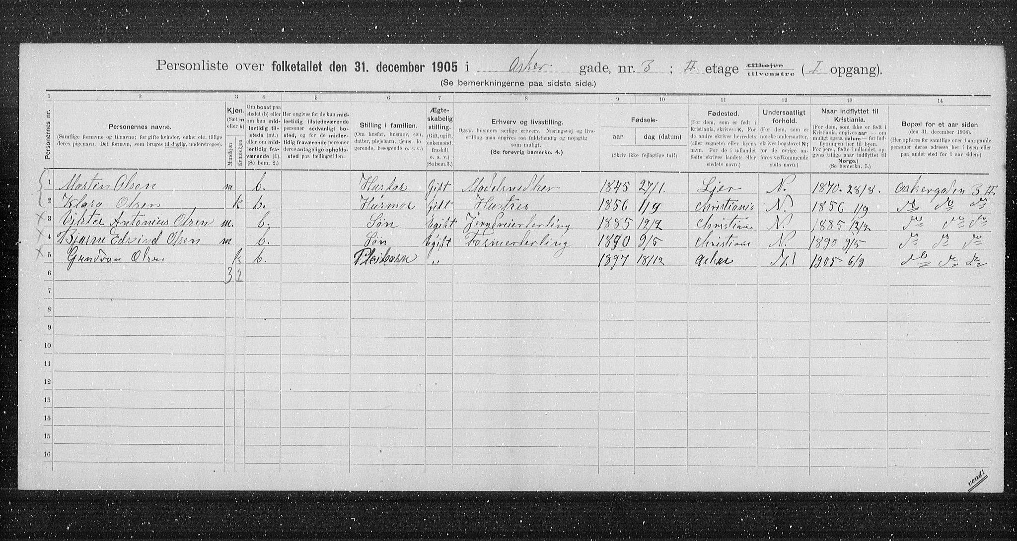 OBA, Municipal Census 1905 for Kristiania, 1905, p. 1297