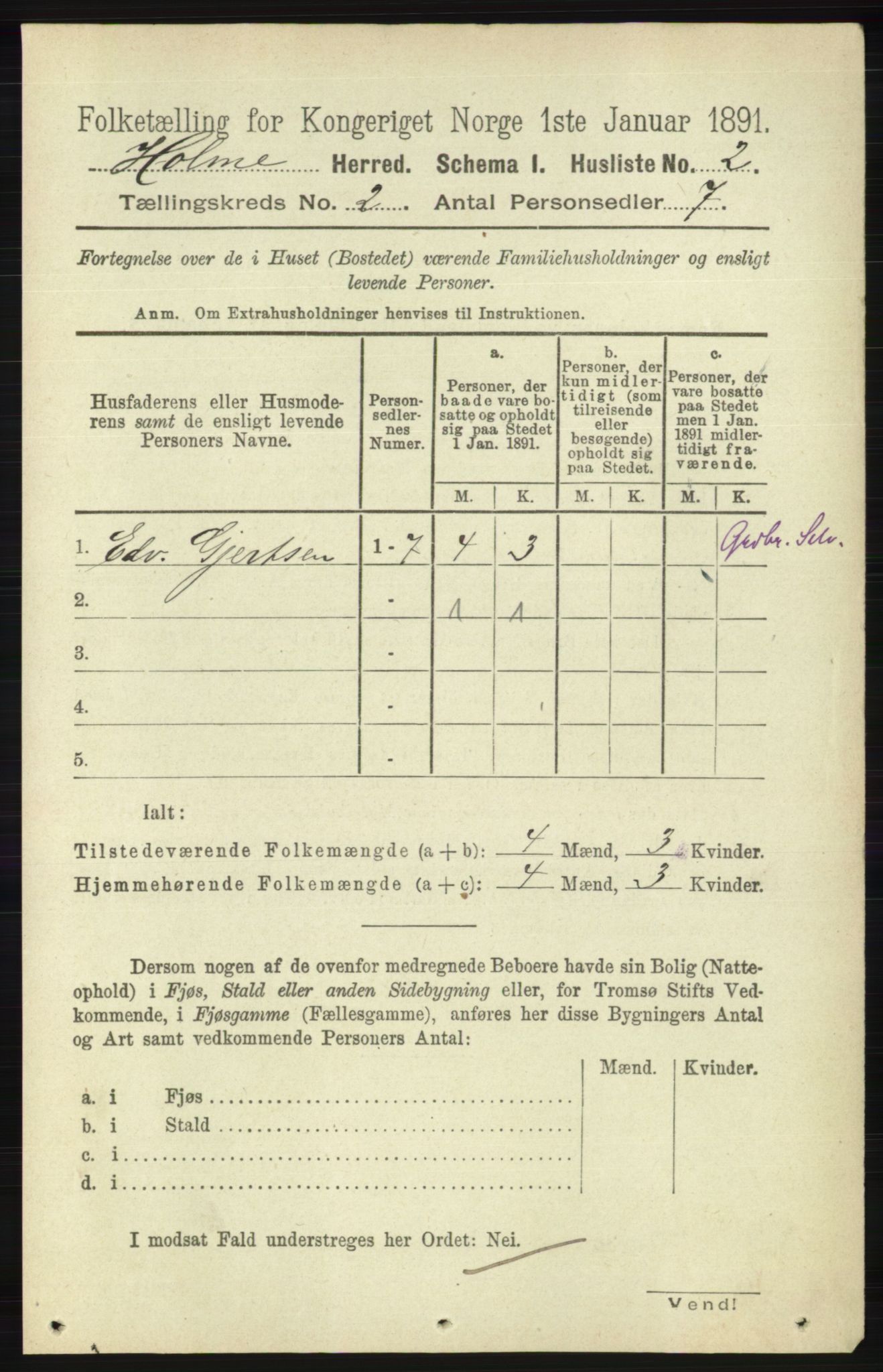 RA, 1891 census for 1020 Holum, 1891, p. 169