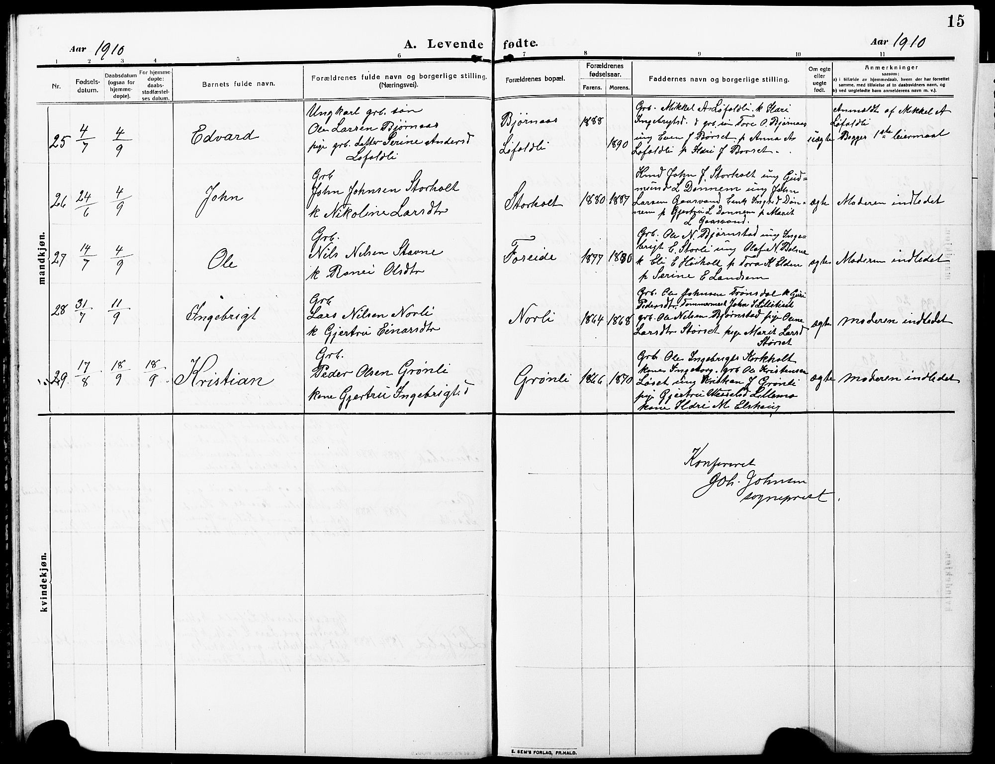 Ministerialprotokoller, klokkerbøker og fødselsregistre - Møre og Romsdal, AV/SAT-A-1454/598/L1079: Parish register (copy) no. 598C04, 1909-1927, p. 15