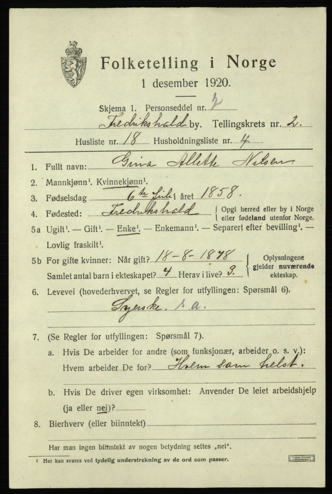SAO, 1920 census for Fredrikshald, 1920, p. 9698