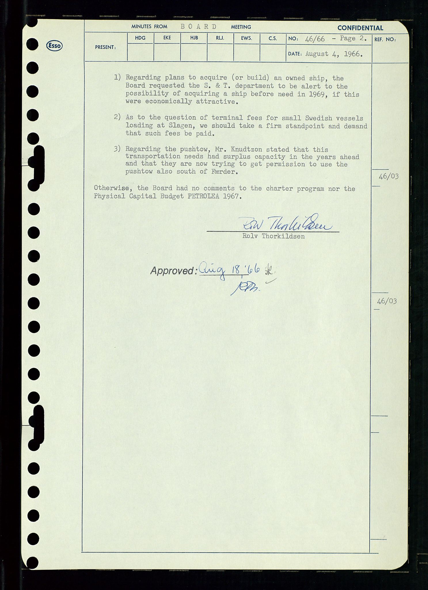 Pa 0982 - Esso Norge A/S, AV/SAST-A-100448/A/Aa/L0002/0002: Den administrerende direksjon Board minutes (styrereferater) / Den administrerende direksjon Board minutes (styrereferater), 1966, p. 98