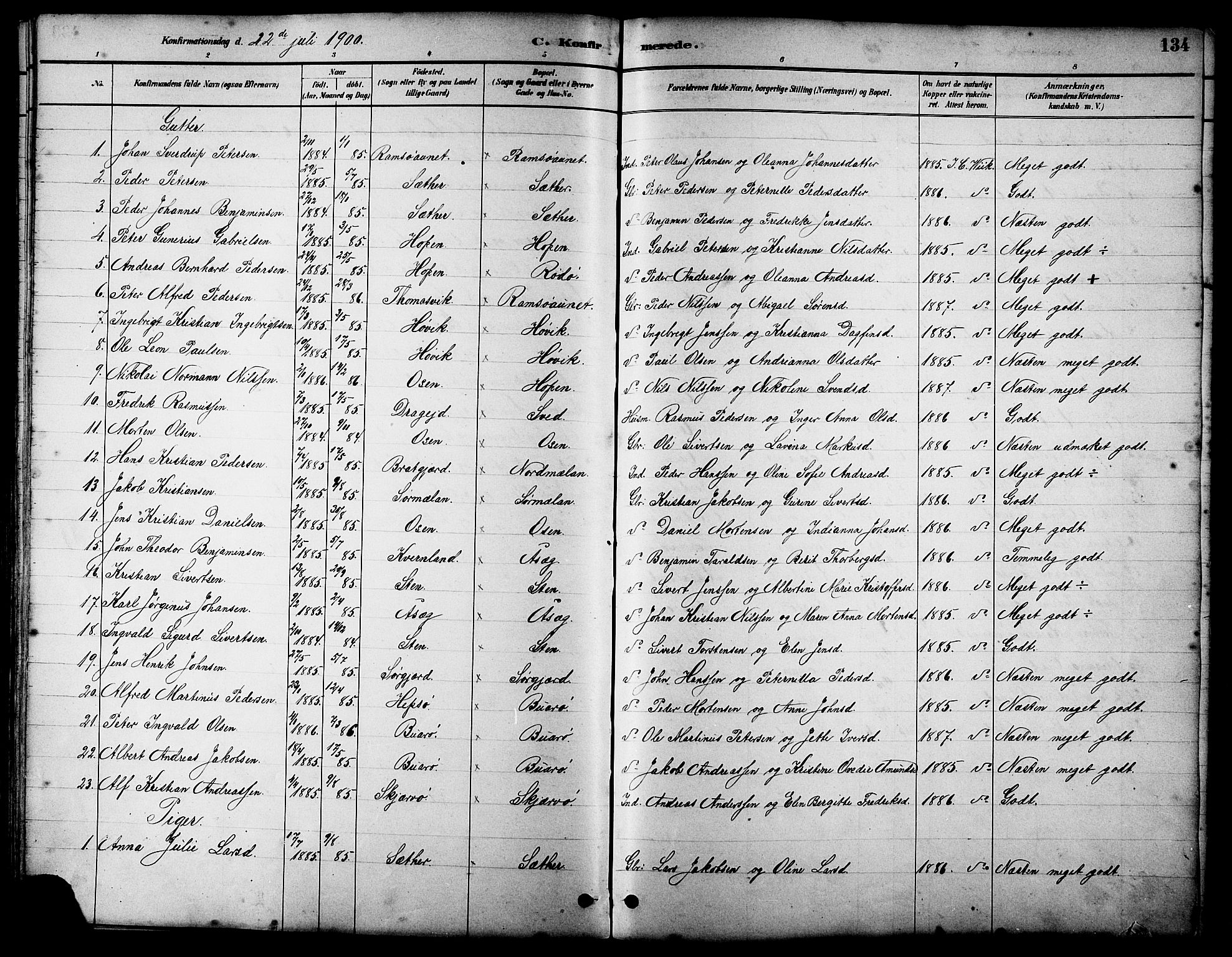 Ministerialprotokoller, klokkerbøker og fødselsregistre - Sør-Trøndelag, SAT/A-1456/658/L0726: Parish register (copy) no. 658C02, 1883-1908, p. 134