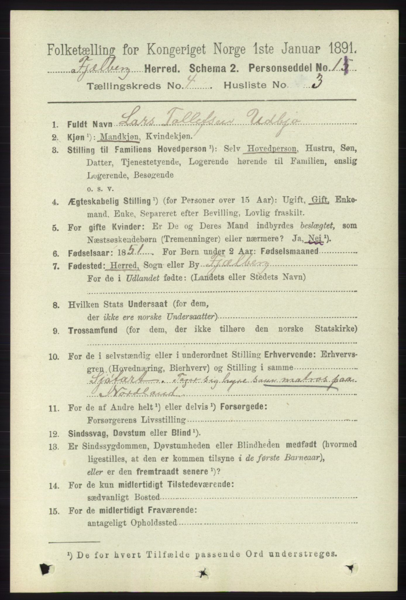 RA, 1891 census for 1213 Fjelberg, 1891, p. 1185