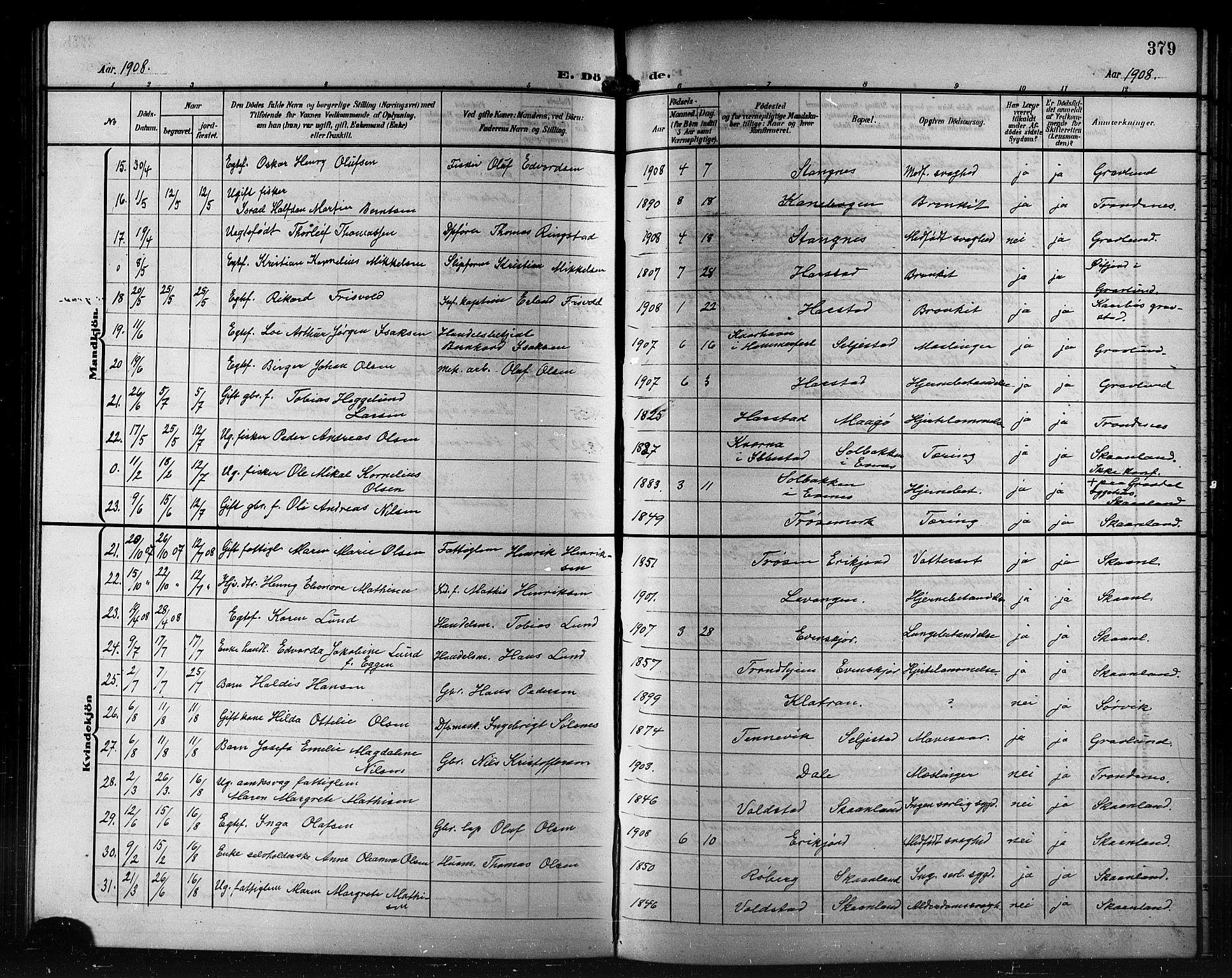 Trondenes sokneprestkontor, AV/SATØ-S-1319/H/Hb/L0012klokker: Parish register (copy) no. 12, 1907-1916, p. 379