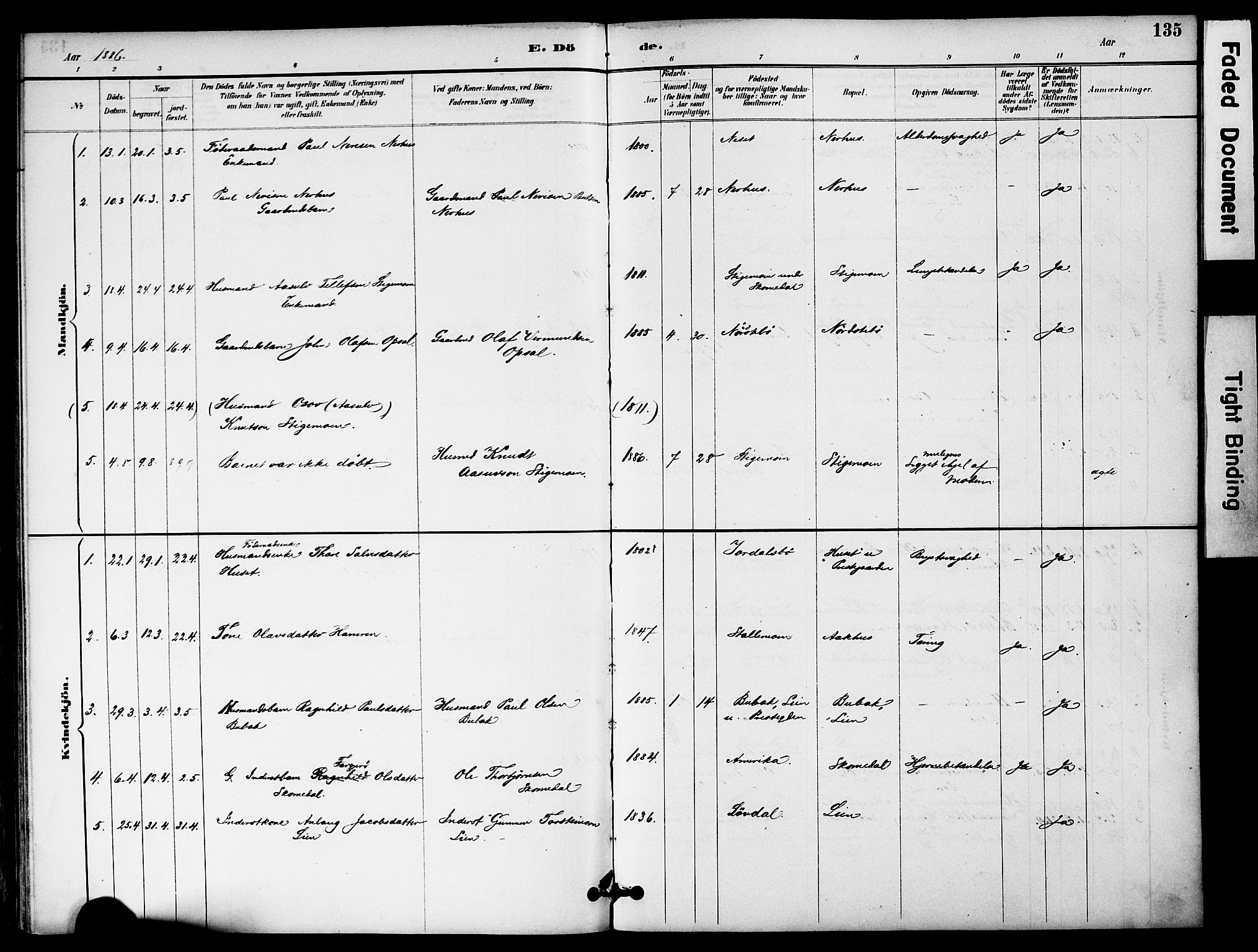 Bygland sokneprestkontor, AV/SAK-1111-0006/F/Fa/Fab/L0007: Parish register (official) no. A 7, 1885-1909, p. 135