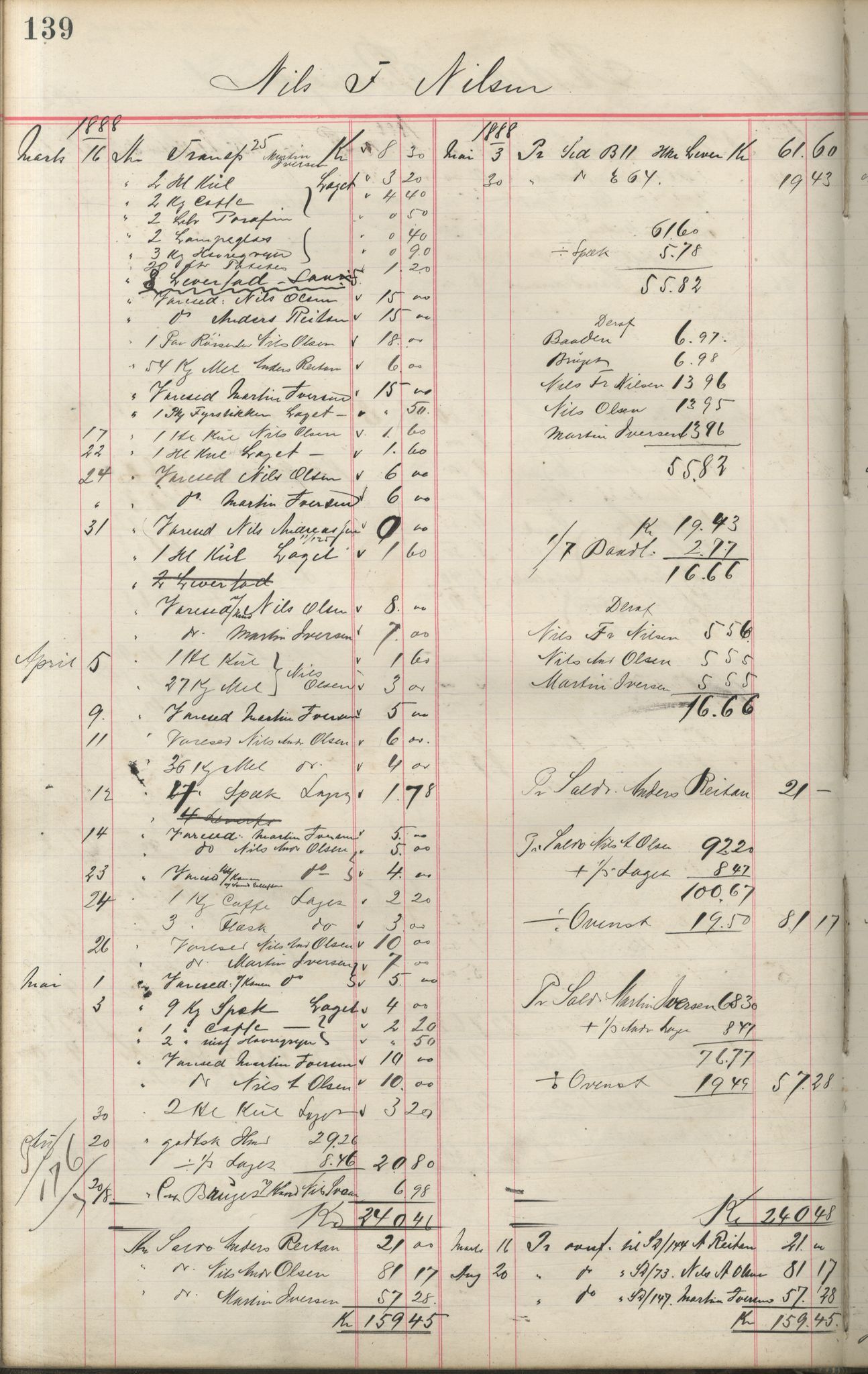 Brodtkorb handel A/S, VAMU/A-0001/F/Fa/L0001/0002: Kompanibøker. Innensogns / Compagnibog for Indensogns Fiskere No 11, 1887-1889, p. 139