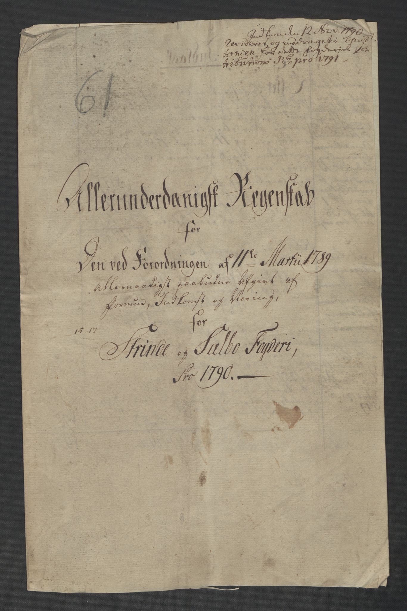 Rentekammeret inntil 1814, Reviderte regnskaper, Mindre regnskaper, AV/RA-EA-4068/Rf/Rfe/L0047: Strinda og Selbu fogderi. Strømsø, 1789, p. 5