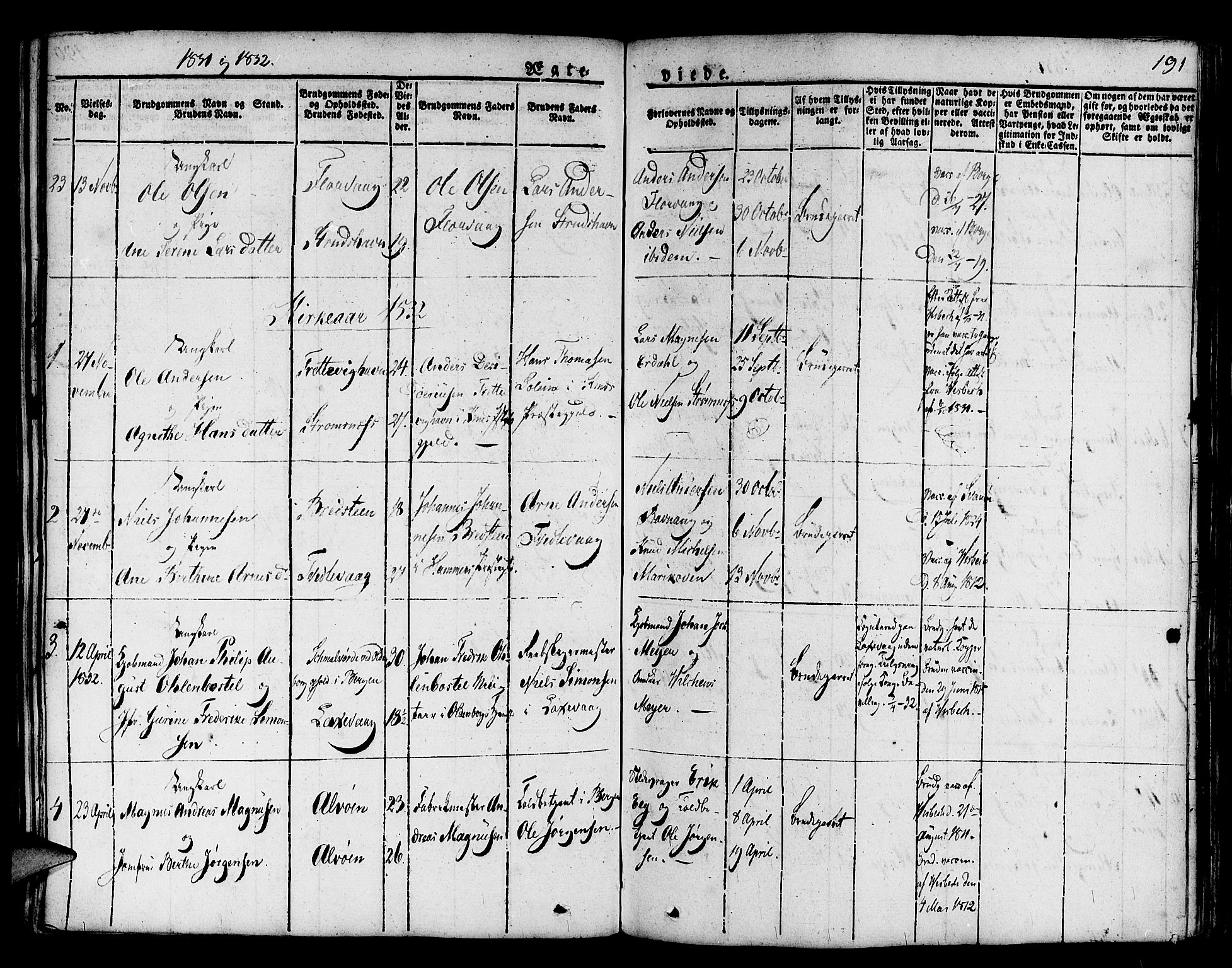Askøy Sokneprestembete, SAB/A-74101/H/Ha/Haa/Haaa/L0004: Parish register (official) no. A 4, 1825-1845, p. 191