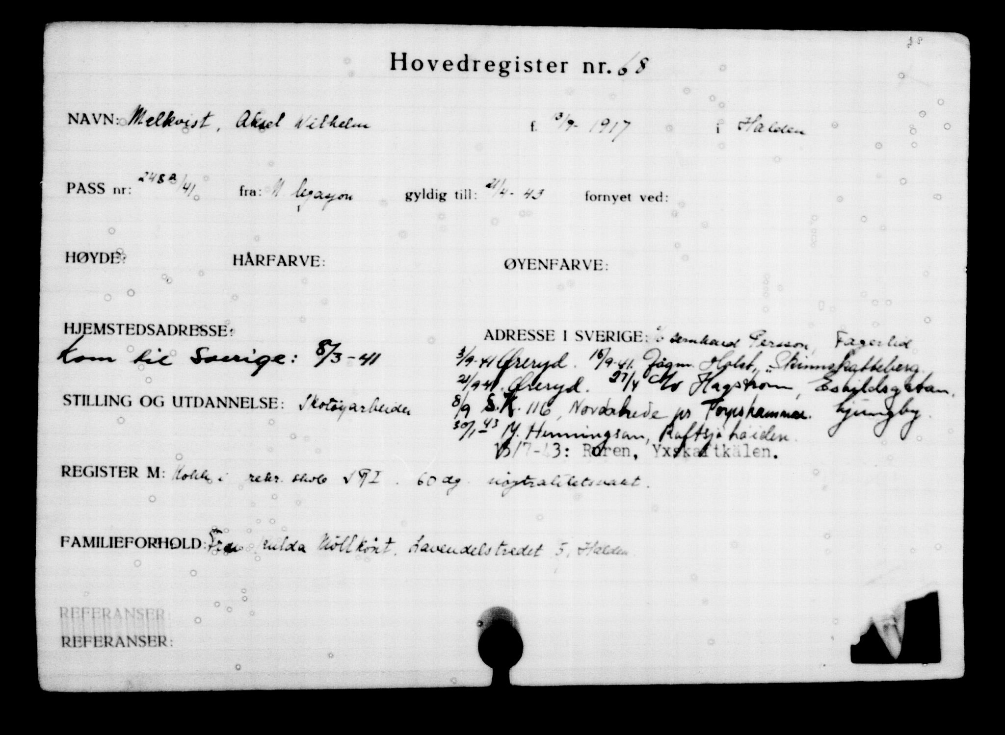 Utenriksstasjonene, Legasjonen i Stockholm, Flyktningkontoret, AV/RA-S-6753/V/Va/L0001: Kjesäterkartoteket, flyktninger med registreringsnr. 1-1000, 1940-1945, p. 118