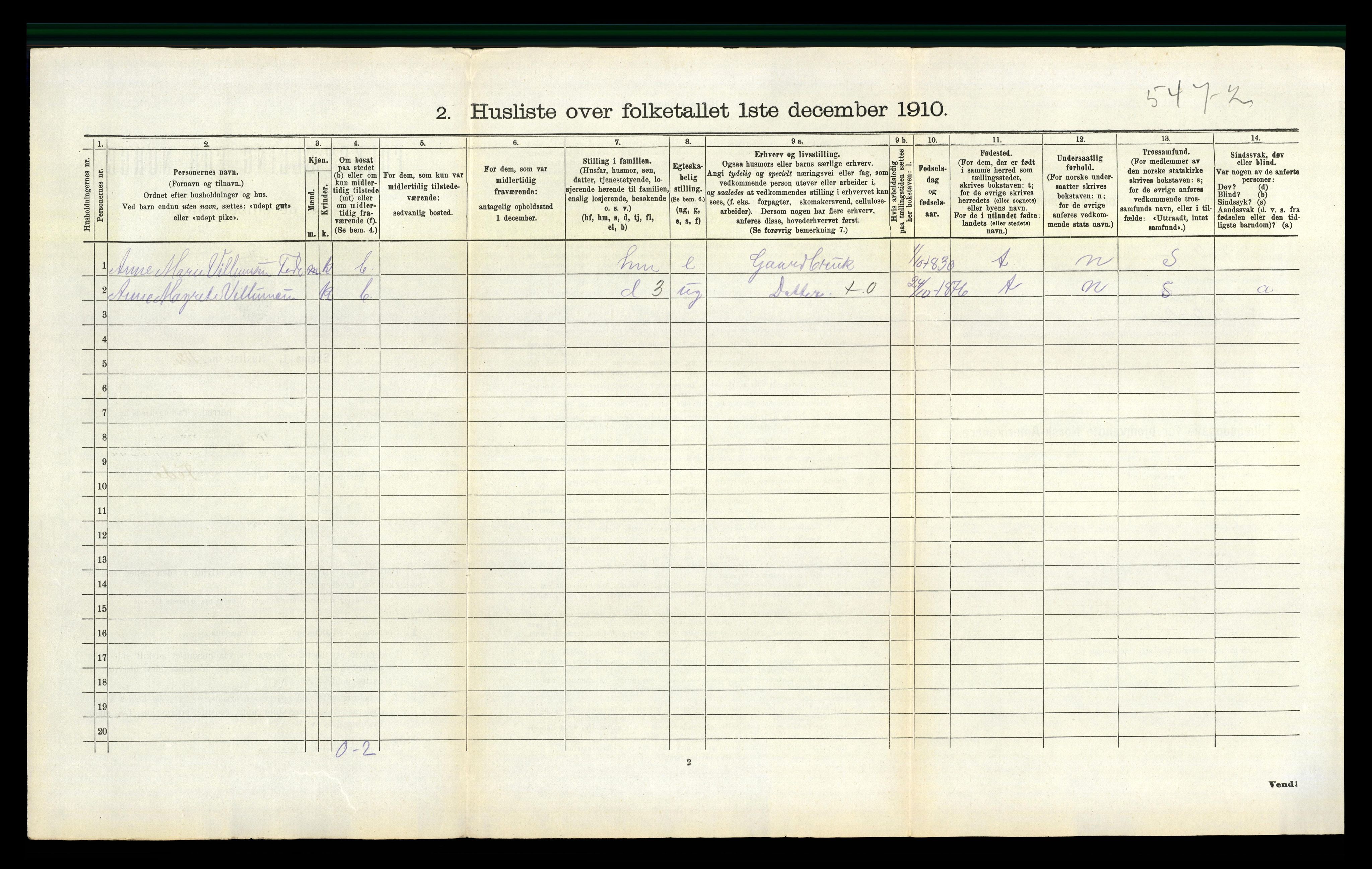 RA, 1910 census for Feda, 1910, p. 312