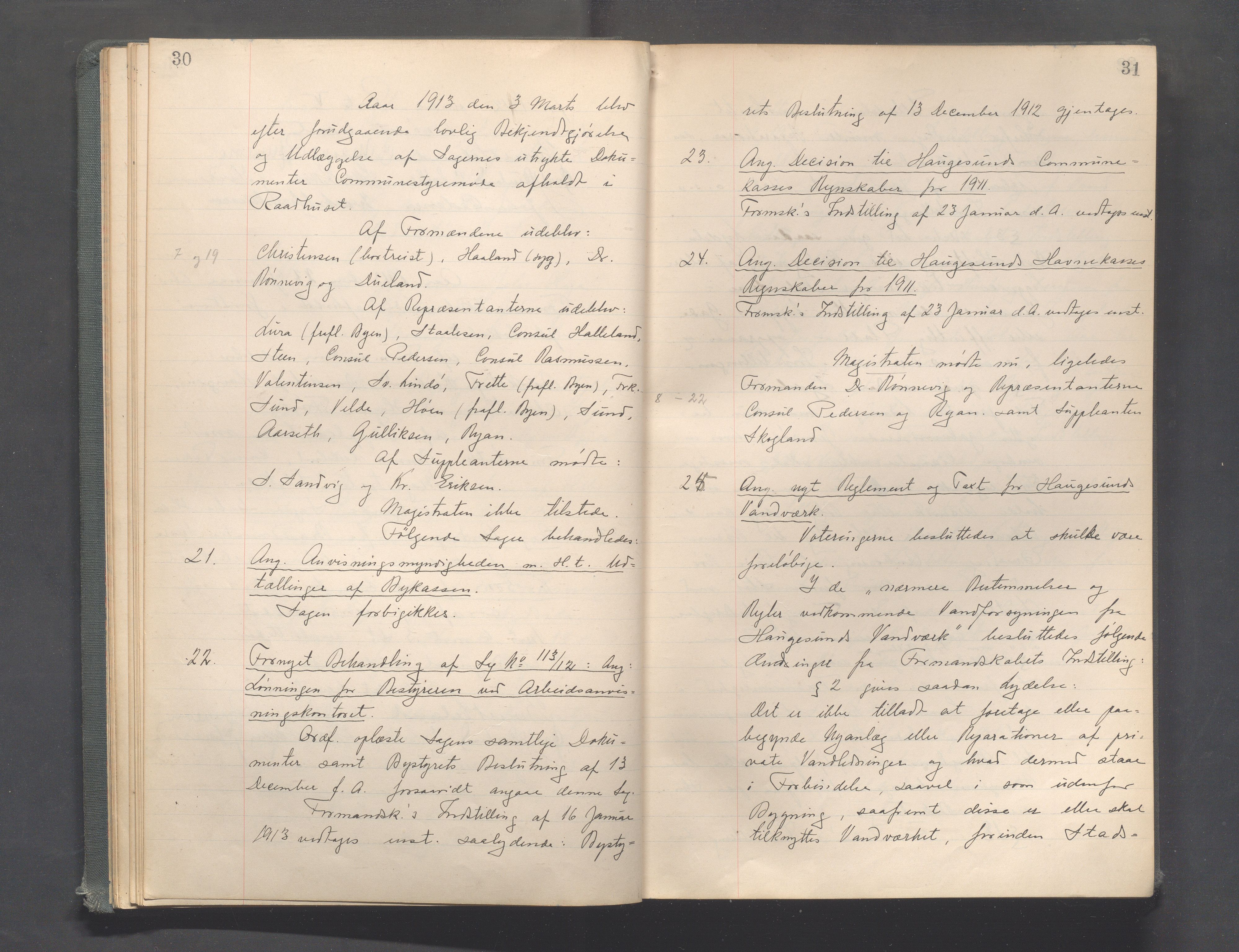 Haugesund kommune - Formannskapet og Bystyret, IKAR/A-740/A/Aba/L0001: Forhandlingsprotokoller Bystyre, 1912-1917, p. 30-31