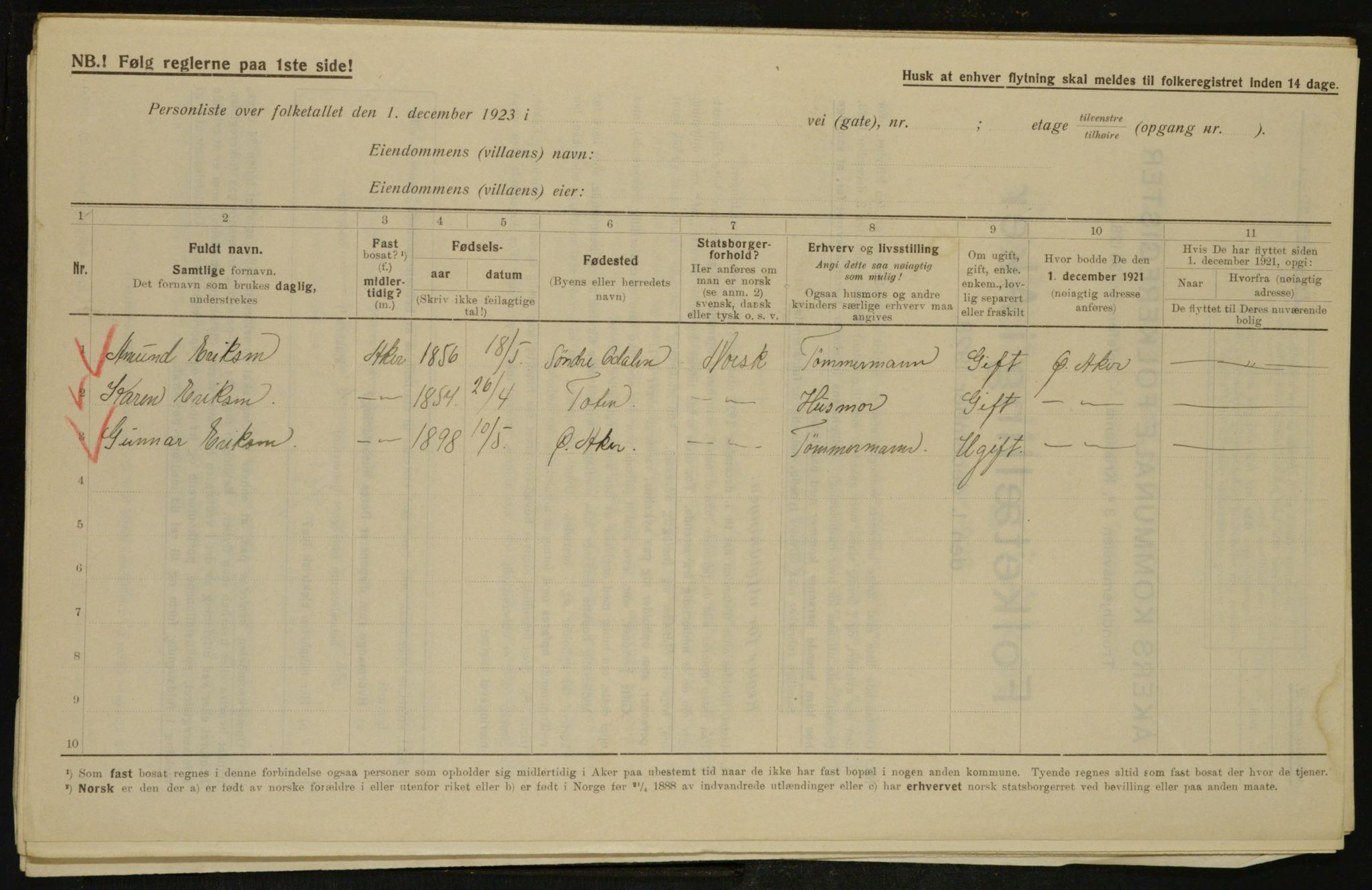 , Municipal Census 1923 for Aker, 1923, p. 35202