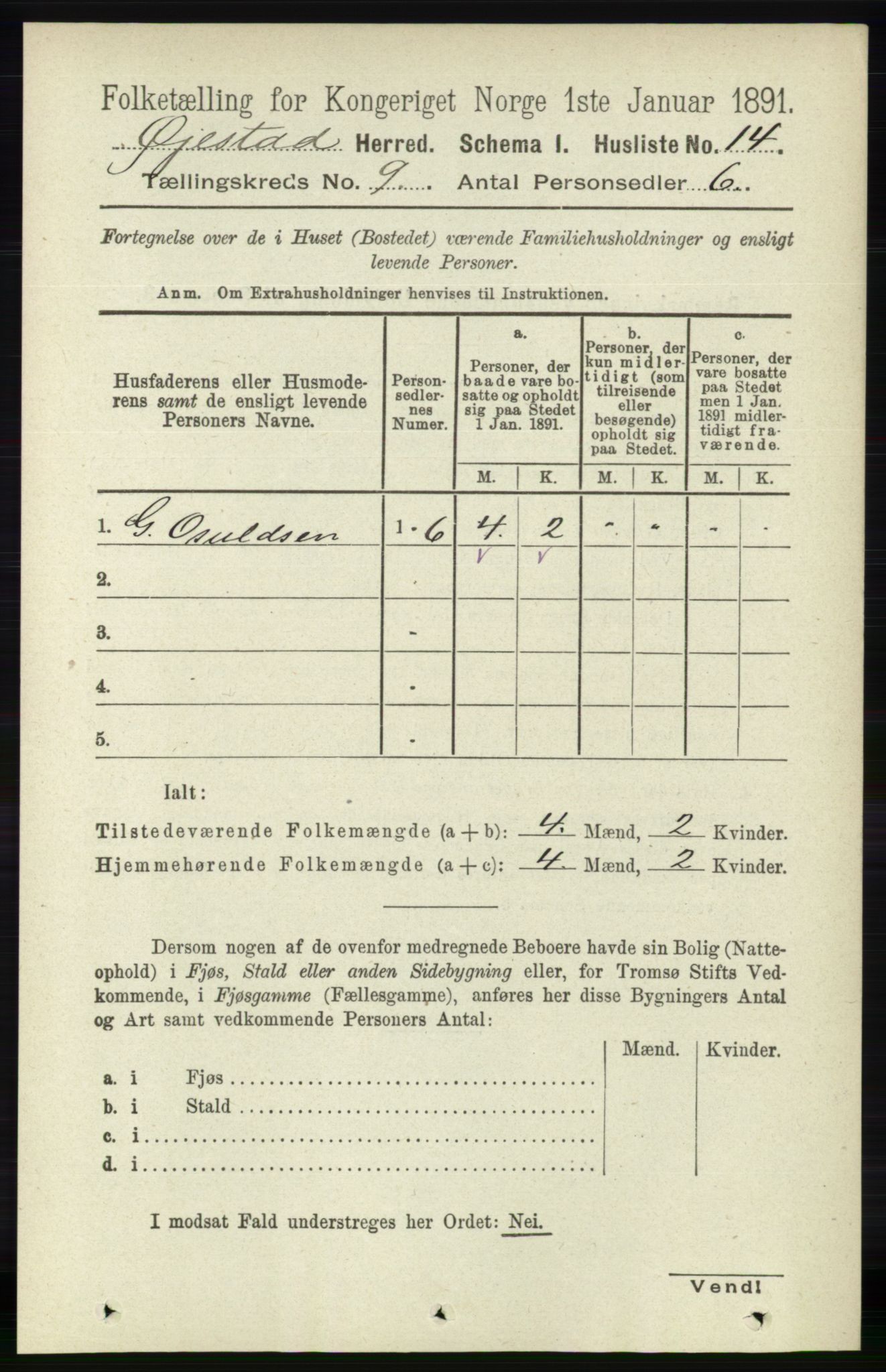 RA, 1891 census for 0920 Øyestad, 1891, p. 3485