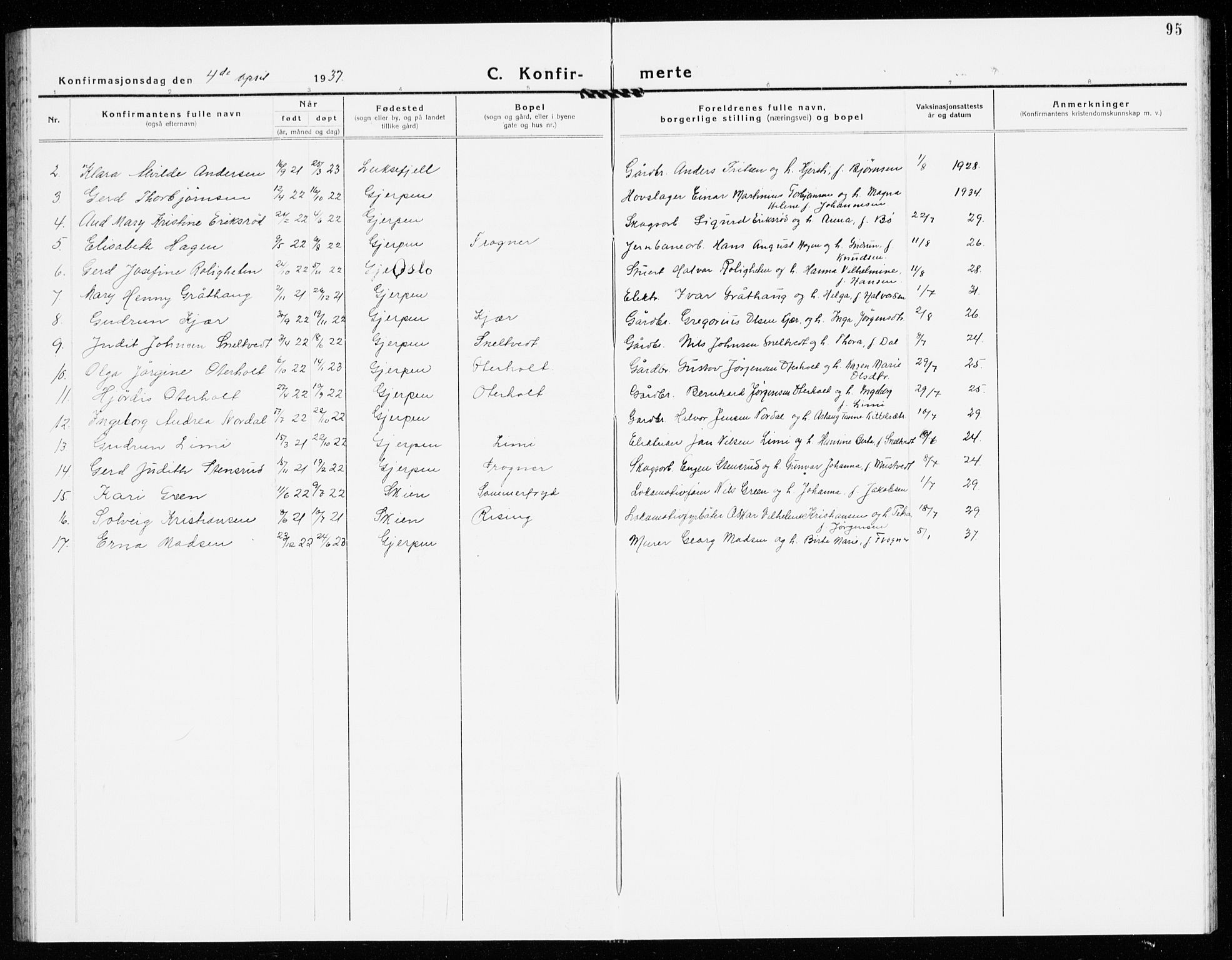Gjerpen kirkebøker, AV/SAKO-A-265/G/Ga/L0005: Parish register (copy) no. I 5, 1932-1940, p. 95