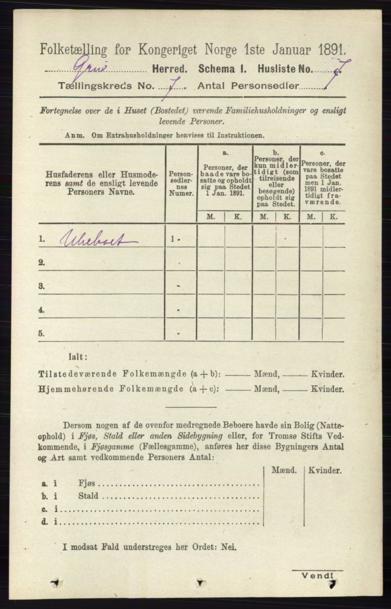 RA, 1891 census for 0423 Grue, 1891, p. 3456