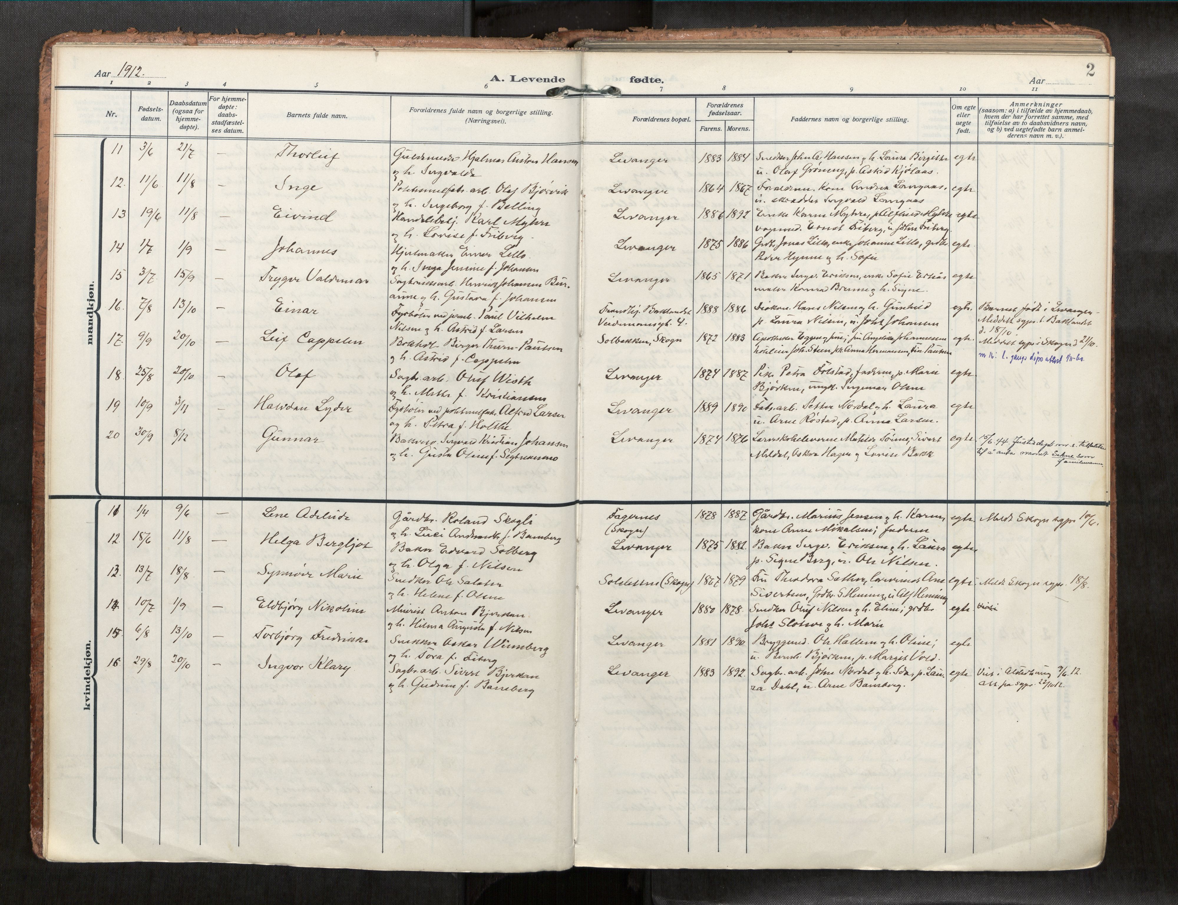 Levanger sokneprestkontor, SAT/A-1301/2/H/Haa/L0001: Parish register (official) no. 1, 1912-1932, p. 2