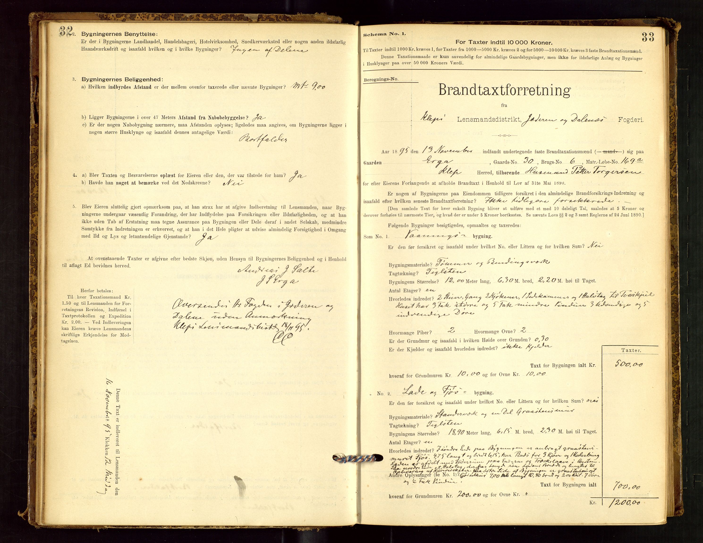 Klepp lensmannskontor, SAST/A-100163/Goc/L0001: "Brandtaxationsprotokol" m/register, 1895-1898, p. 32-33