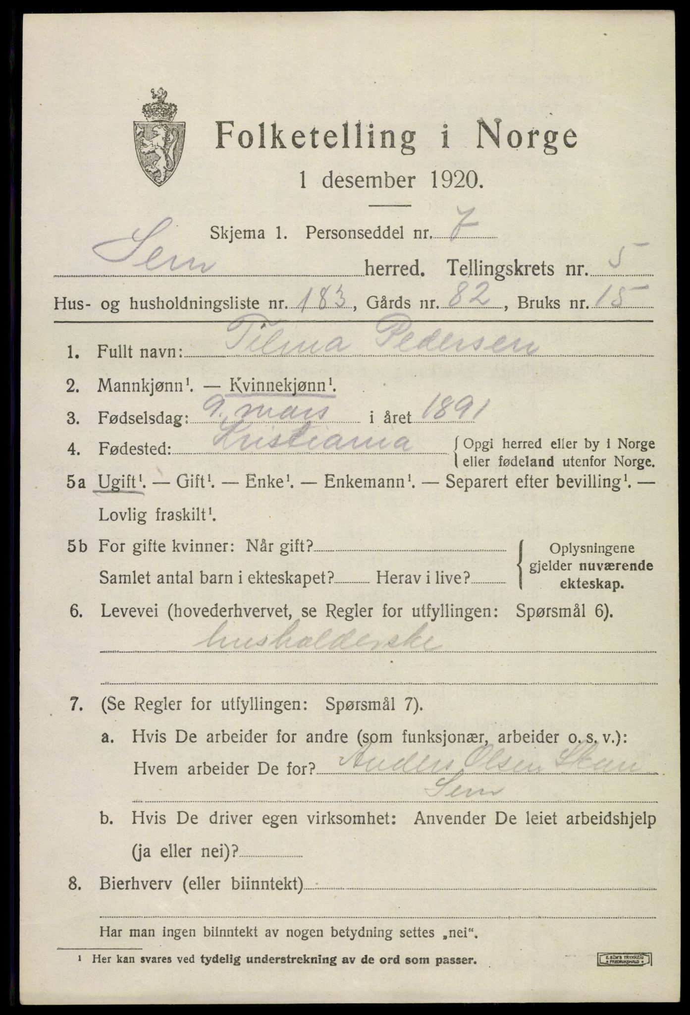 SAKO, 1920 census for Sem, 1920, p. 9585