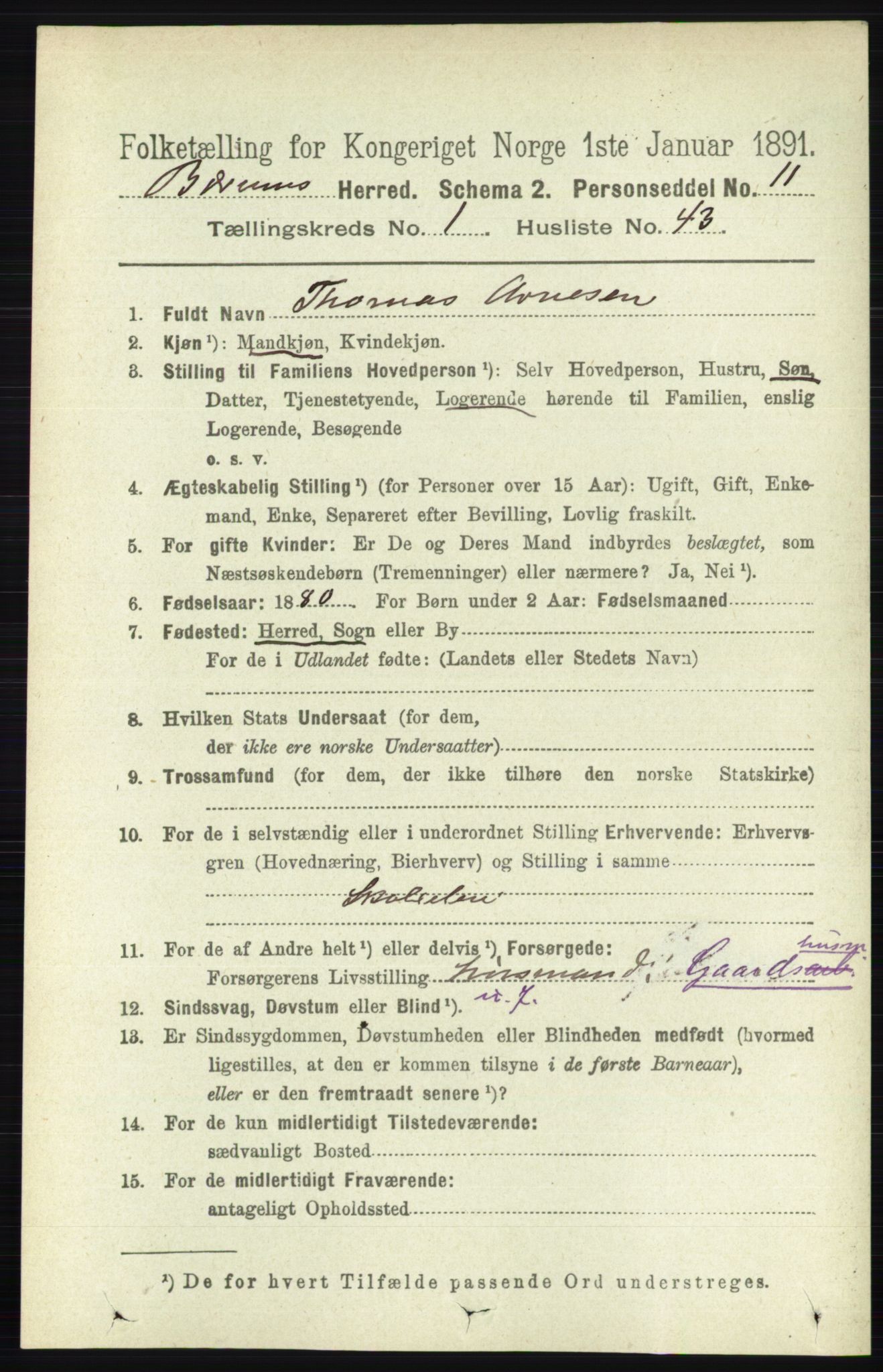 RA, 1891 census for 0219 Bærum, 1891, p. 542