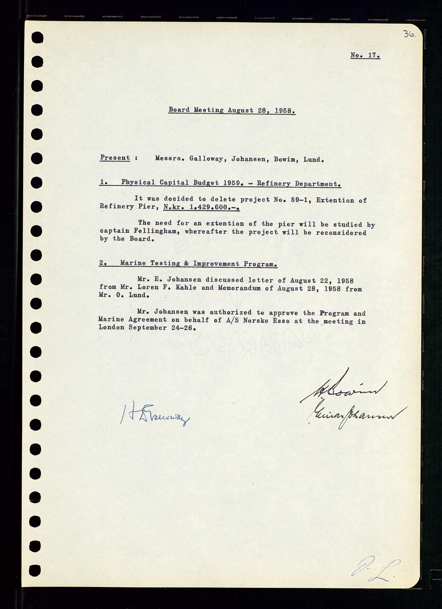 Pa 0982 - Esso Norge A/S, AV/SAST-A-100448/A/Aa/L0001/0001: Den administrerende direksjon Board minutes (styrereferater) / Den administrerende direksjon Board minutes (styrereferater), 1958-1959, p. 36