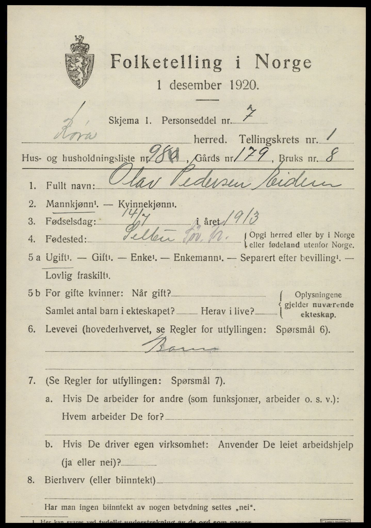 SAT, 1920 census for Røra, 1920, p. 1459