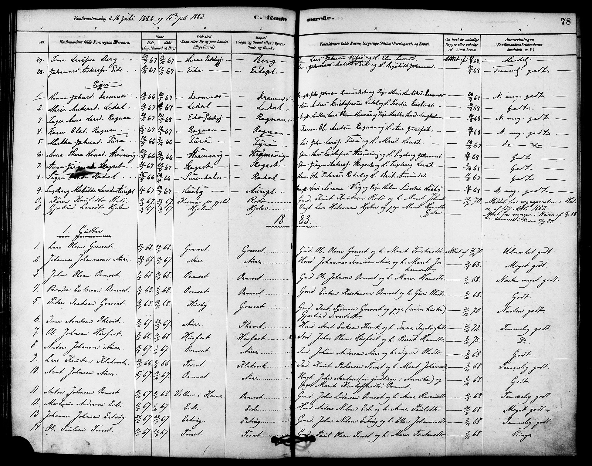 Ministerialprotokoller, klokkerbøker og fødselsregistre - Møre og Romsdal, SAT/A-1454/578/L0906: Parish register (official) no. 578A05, 1878-1886, p. 78