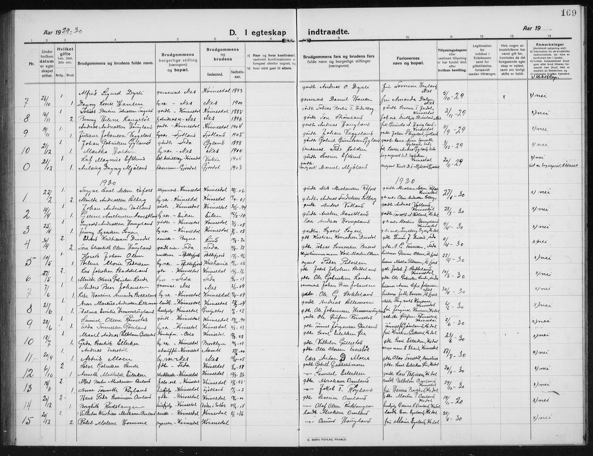 Kvinesdal sokneprestkontor, SAK/1111-0026/F/Fb/Fbb/L0004: Parish register (copy) no. B 4, 1917-1938, p. 169