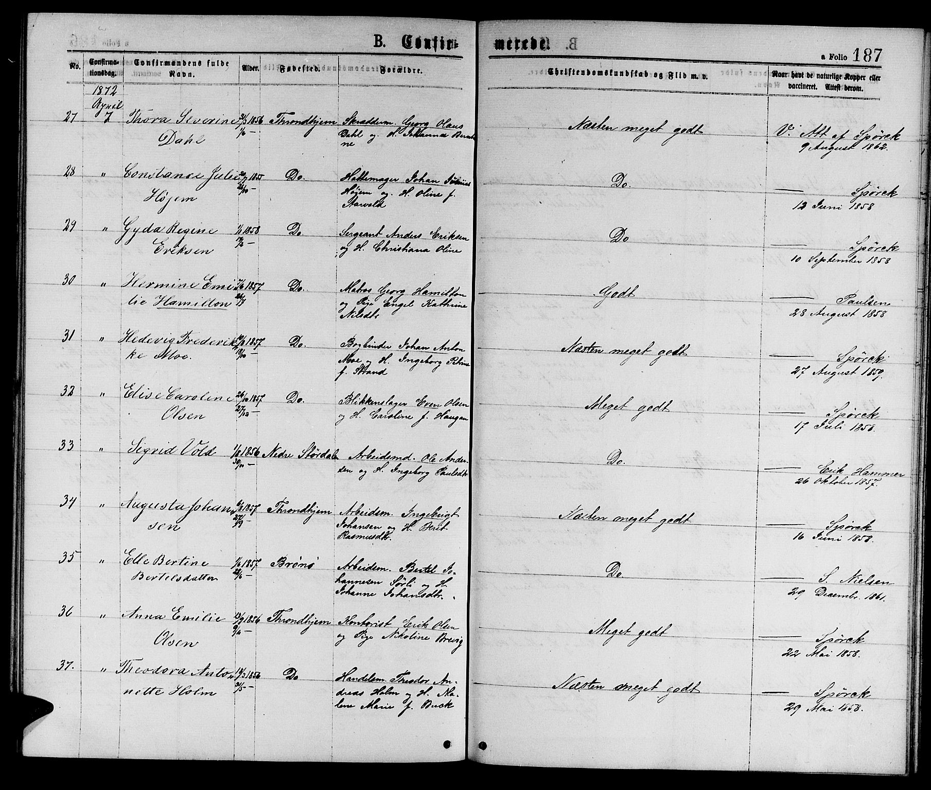 Ministerialprotokoller, klokkerbøker og fødselsregistre - Sør-Trøndelag, AV/SAT-A-1456/601/L0088: Parish register (copy) no. 601C06, 1870-1878, p. 187