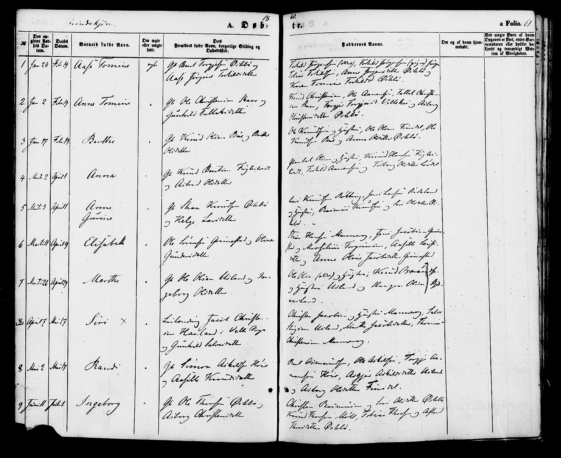 Holum sokneprestkontor, SAK/1111-0022/F/Fa/Fac/L0003: Parish register (official) no. A 3, 1860-1883, p. 61