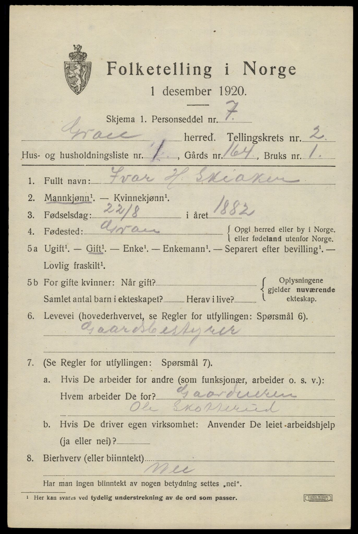 SAH, 1920 census for Gran, 1920, p. 3161