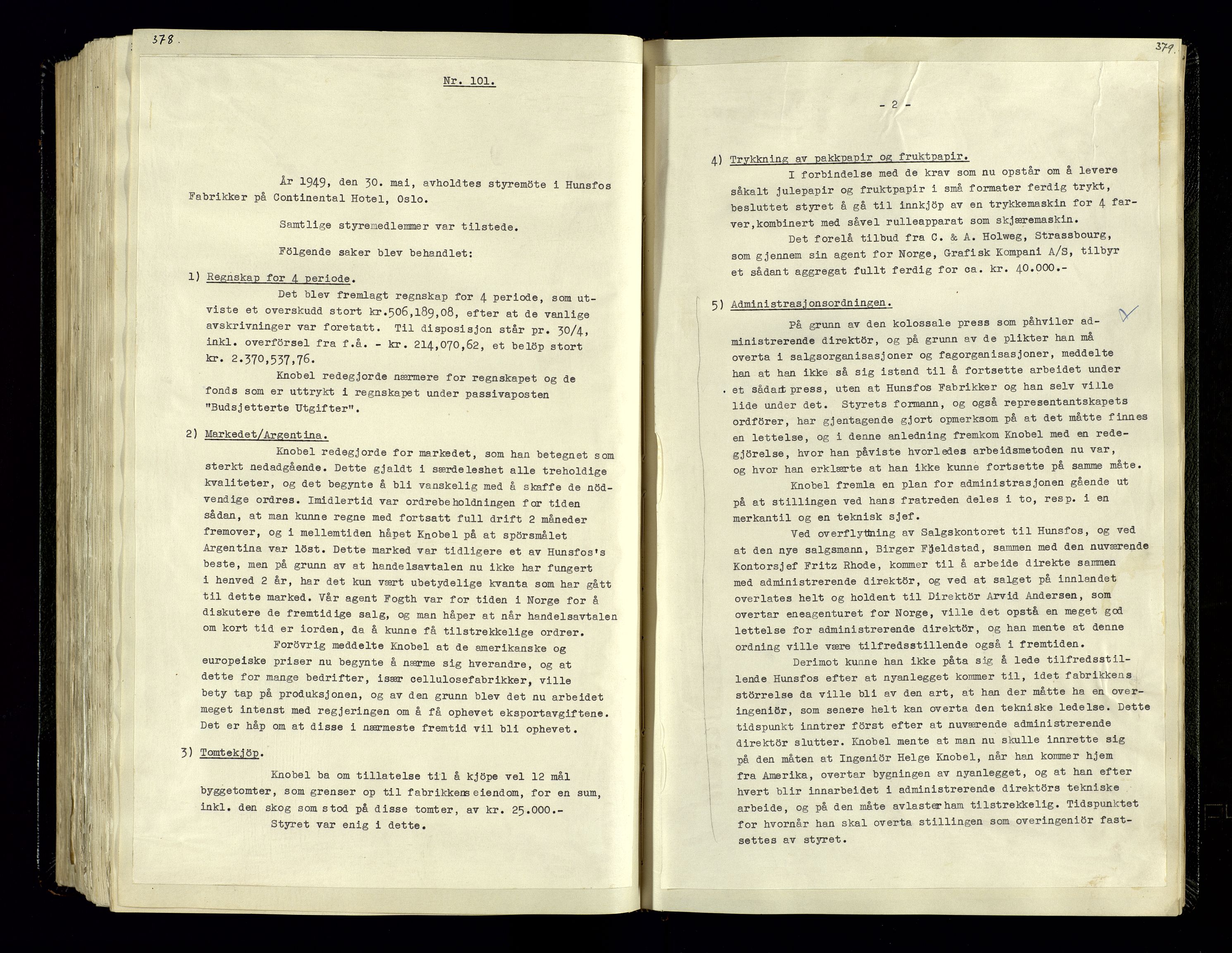 Hunsfos fabrikker, AV/SAK-D/1440/02/L0006: Referatprotokoll fra styremøter, 1938-1950, p. 378-379