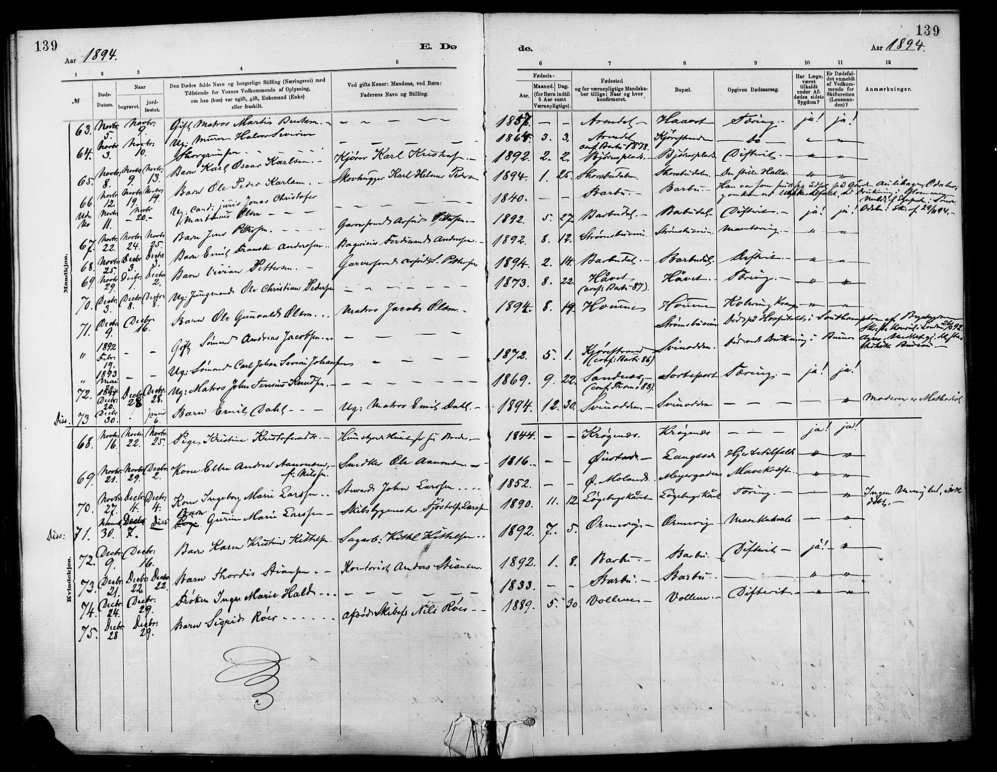 Barbu sokneprestkontor, AV/SAK-1111-0003/F/Fa/L0003: Parish register (official) no. A 3, 1883-1898, p. 139