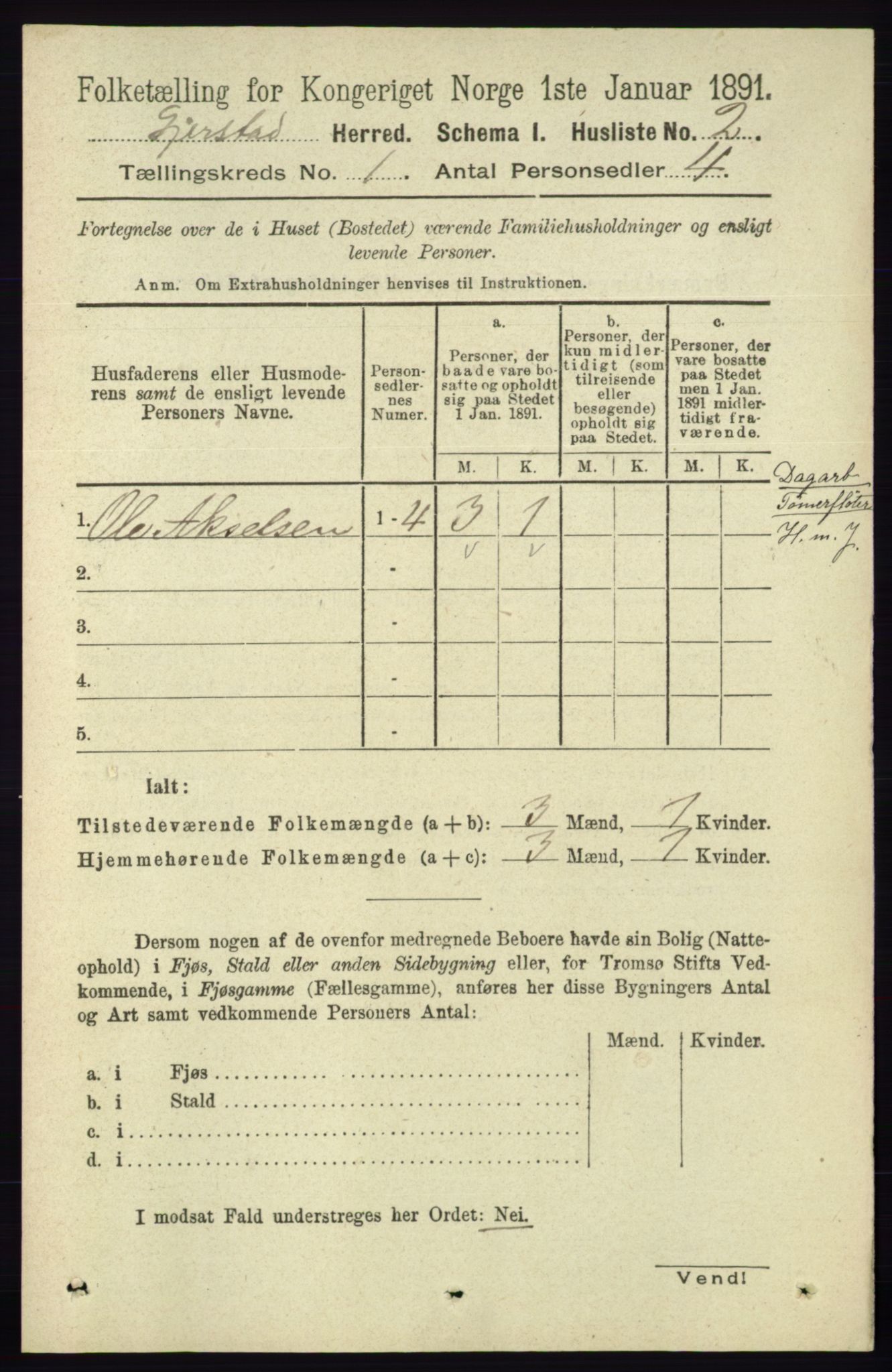 RA, 1891 census for 0911 Gjerstad, 1891, p. 22