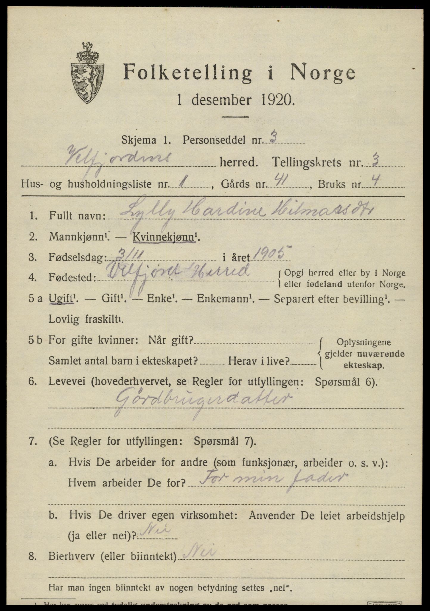 SAT, 1920 census for Velfjord, 1920, p. 2141