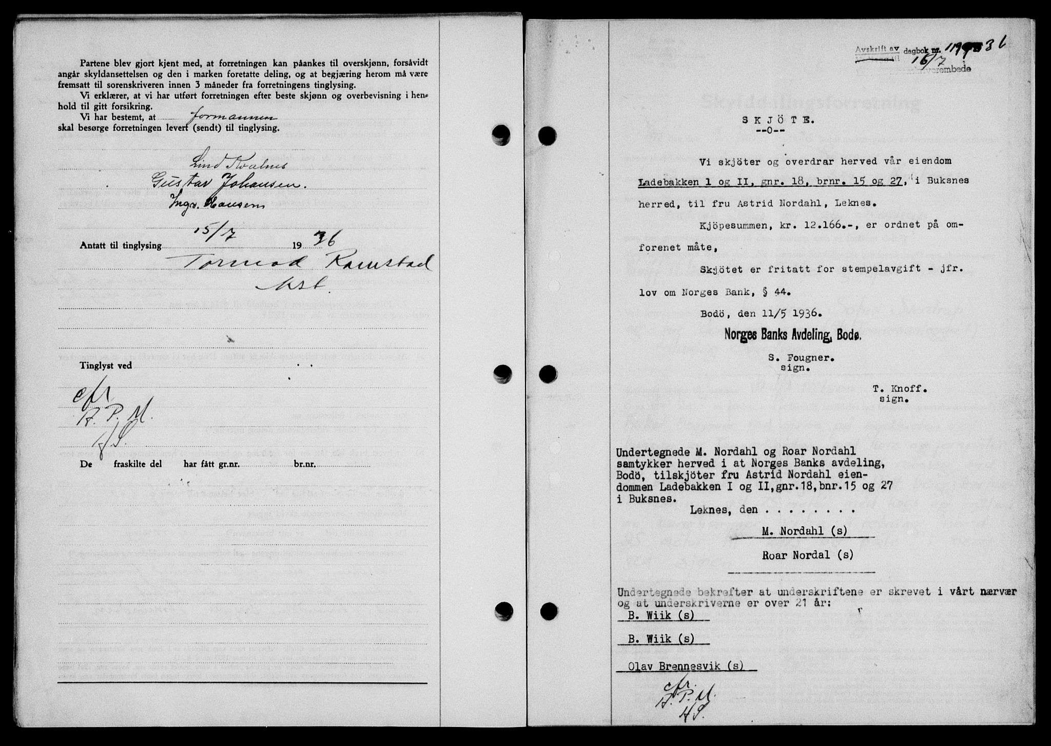 Lofoten sorenskriveri, SAT/A-0017/1/2/2C/L0001a: Mortgage book no. 1a, 1936-1937, Diary no: : 1199/1936
