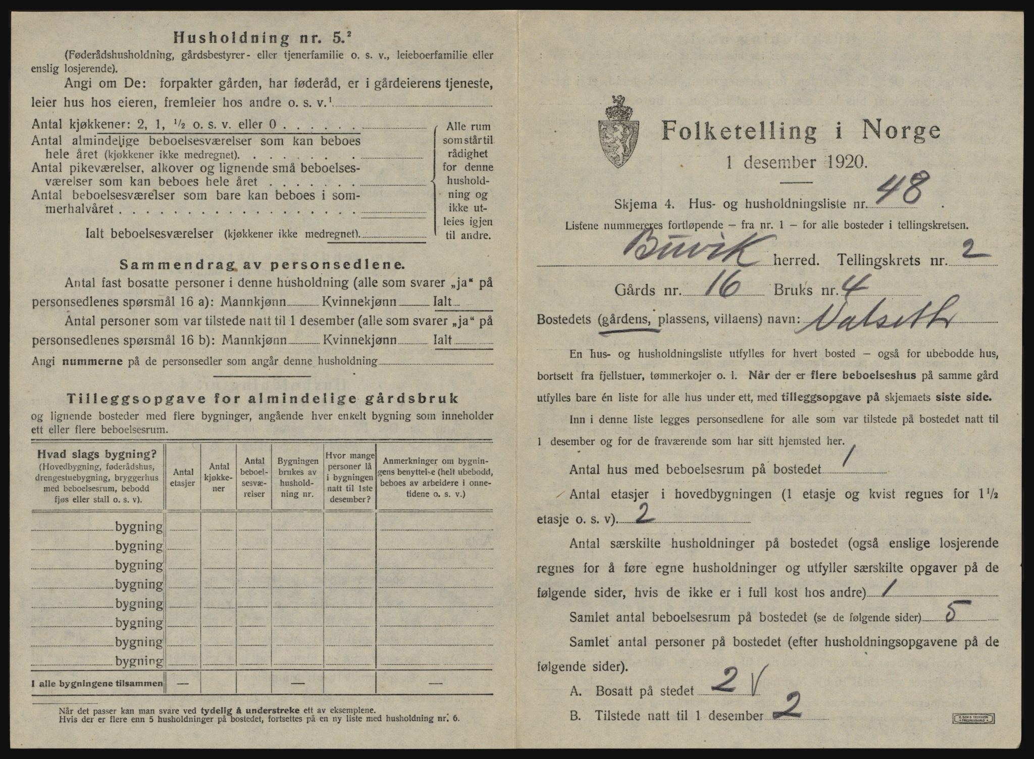 SAT, 1920 census for Buvik, 1920, p. 288