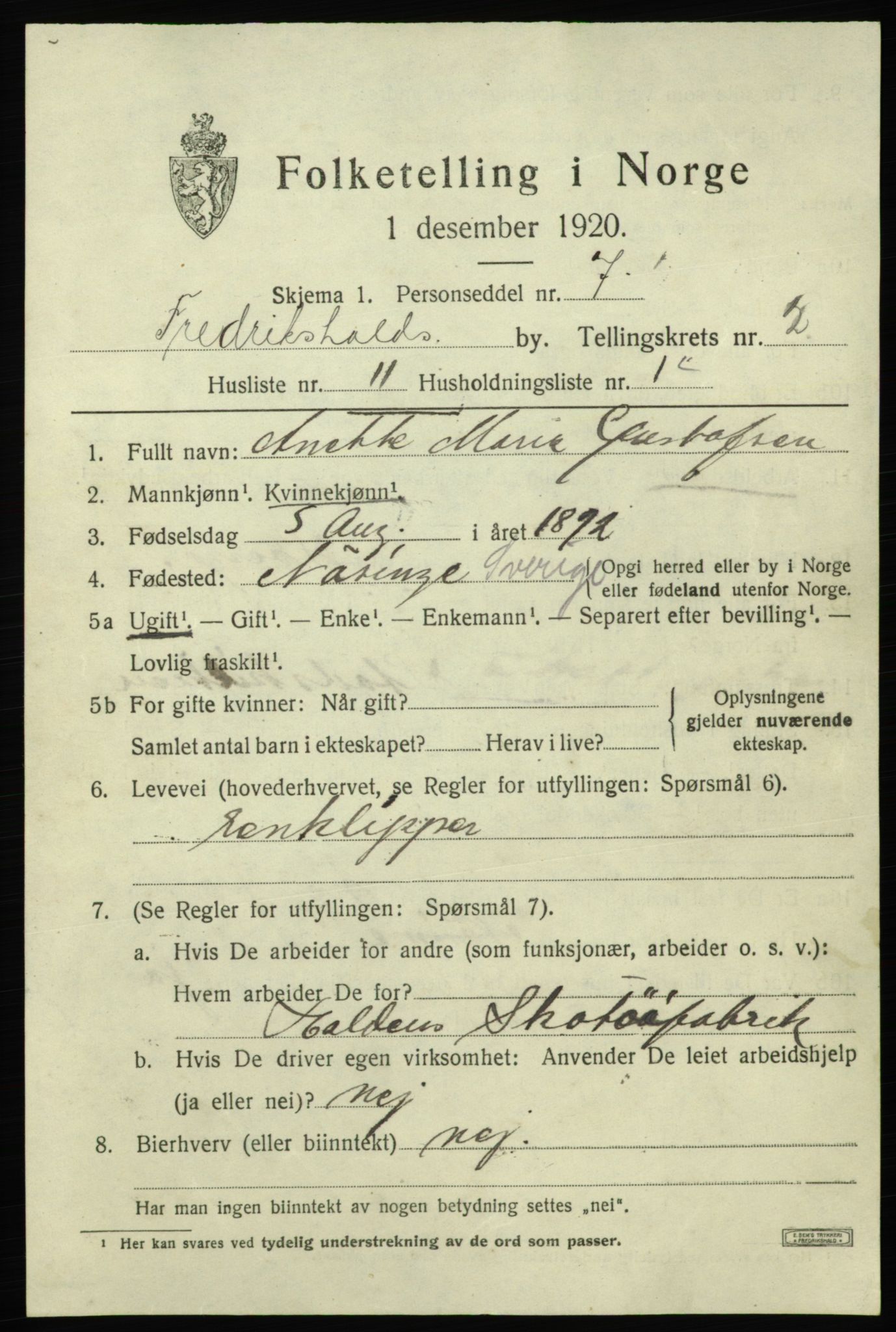SAO, 1920 census for Fredrikshald, 1920, p. 9452
