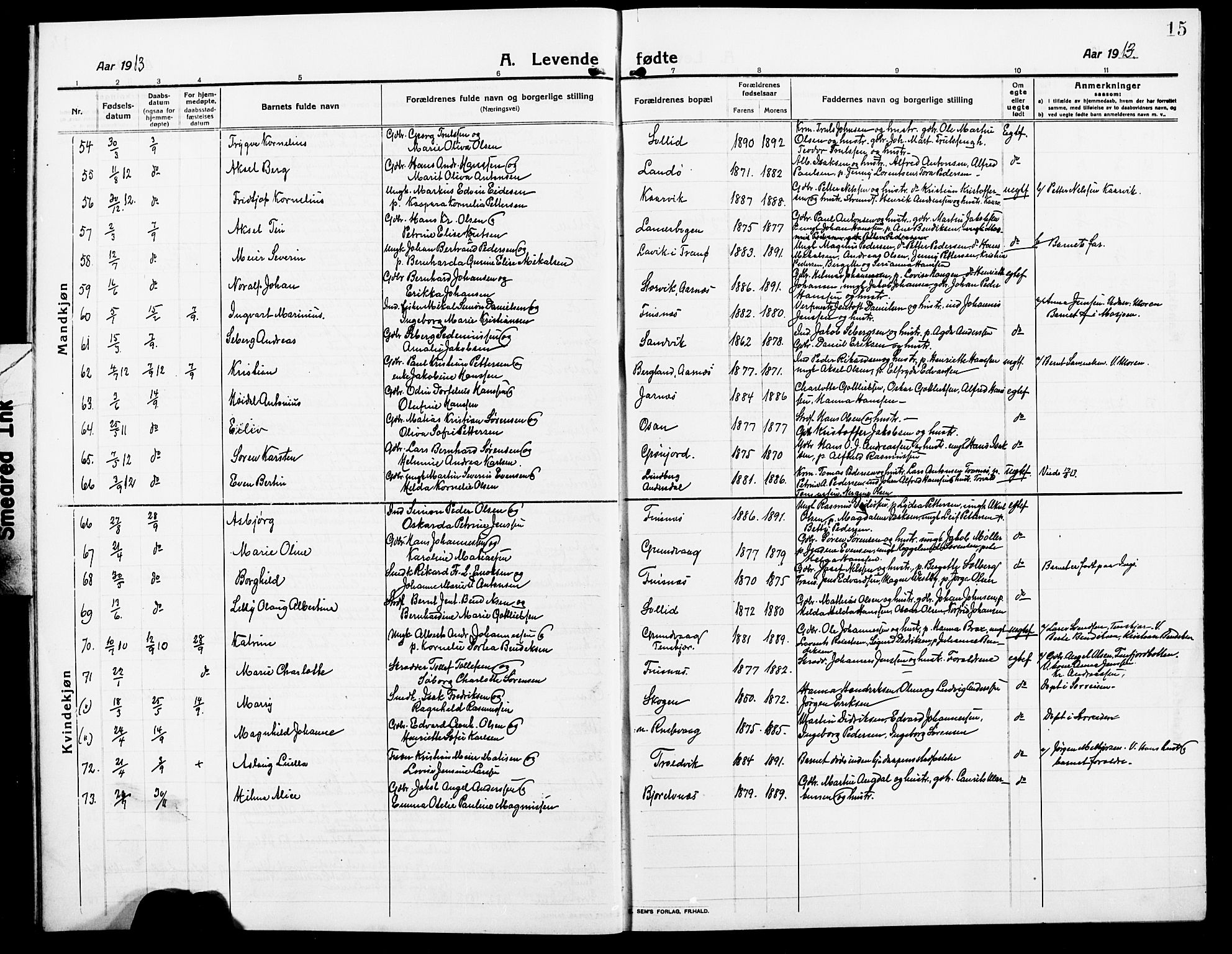 Lenvik sokneprestembete, AV/SATØ-S-1310/H/Ha/Hab/L0009klokker: Parish register (copy) no. 9, 1912-1926, p. 15