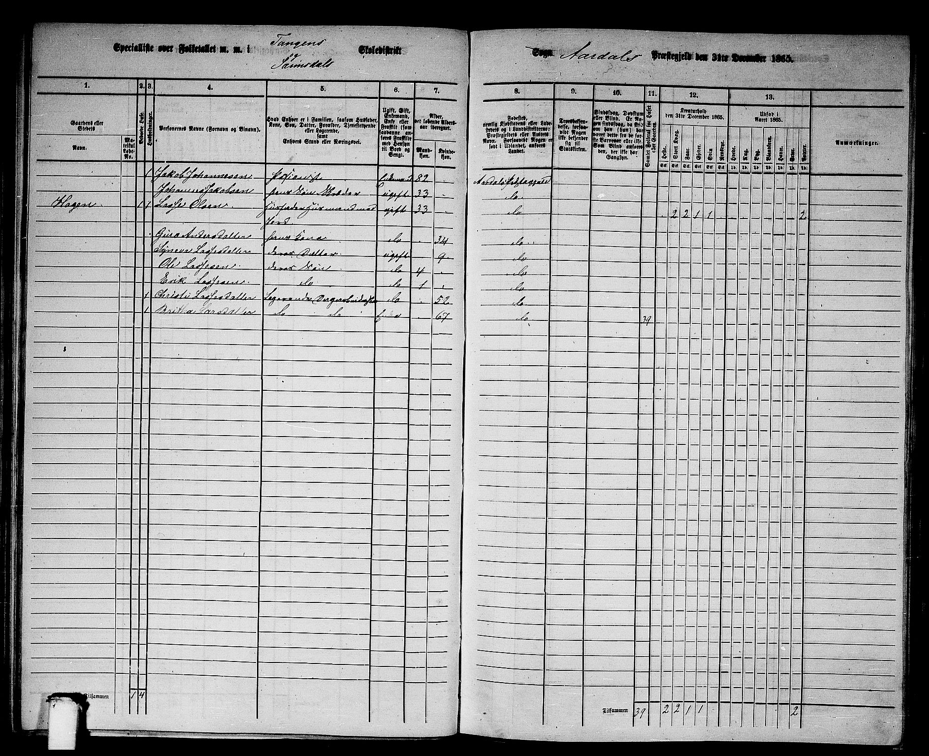 RA, 1865 census for Årdal, 1865, p. 53