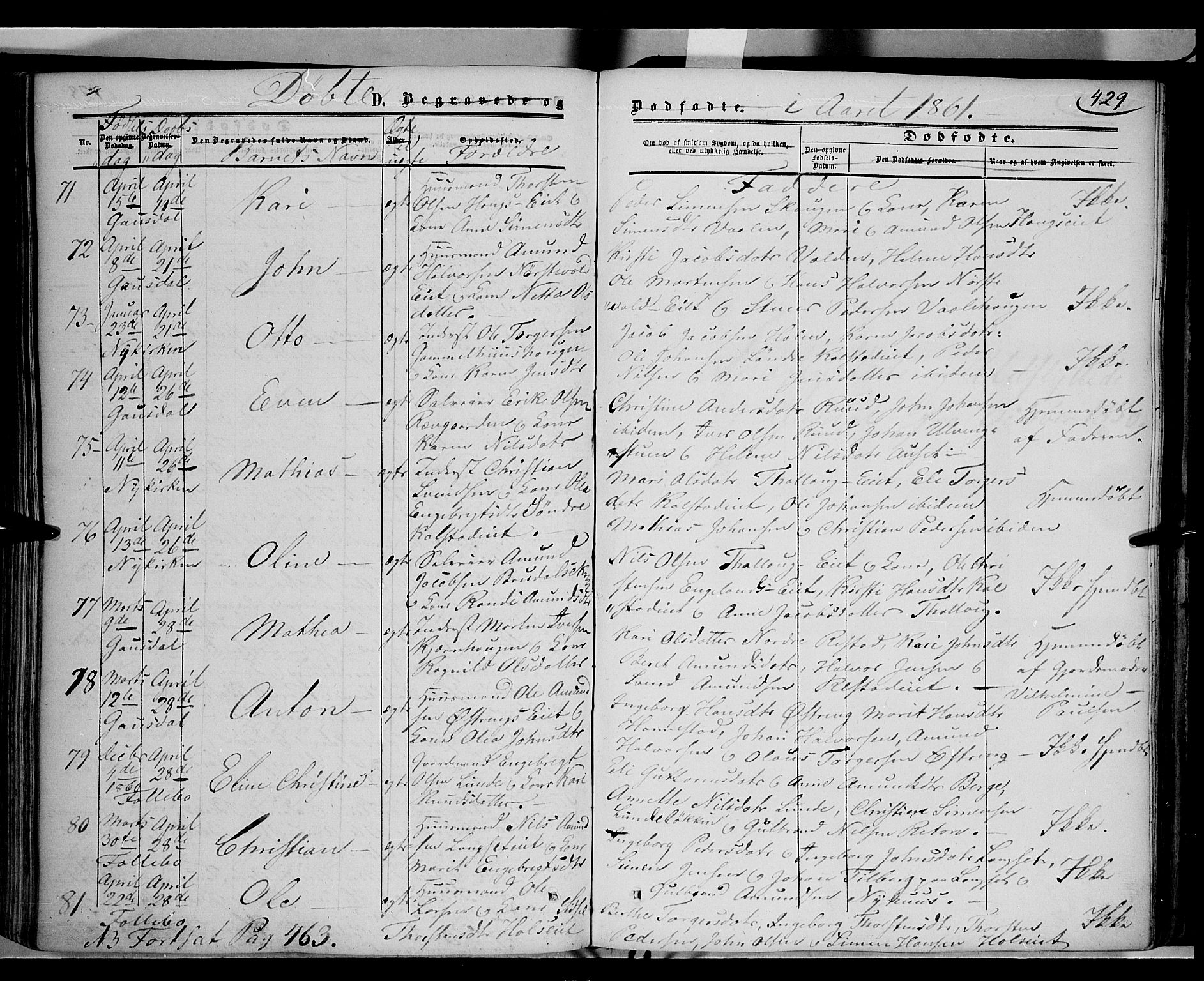Gausdal prestekontor, SAH/PREST-090/H/Ha/Haa/L0008: Parish register (official) no. 8, 1850-1861, p. 429