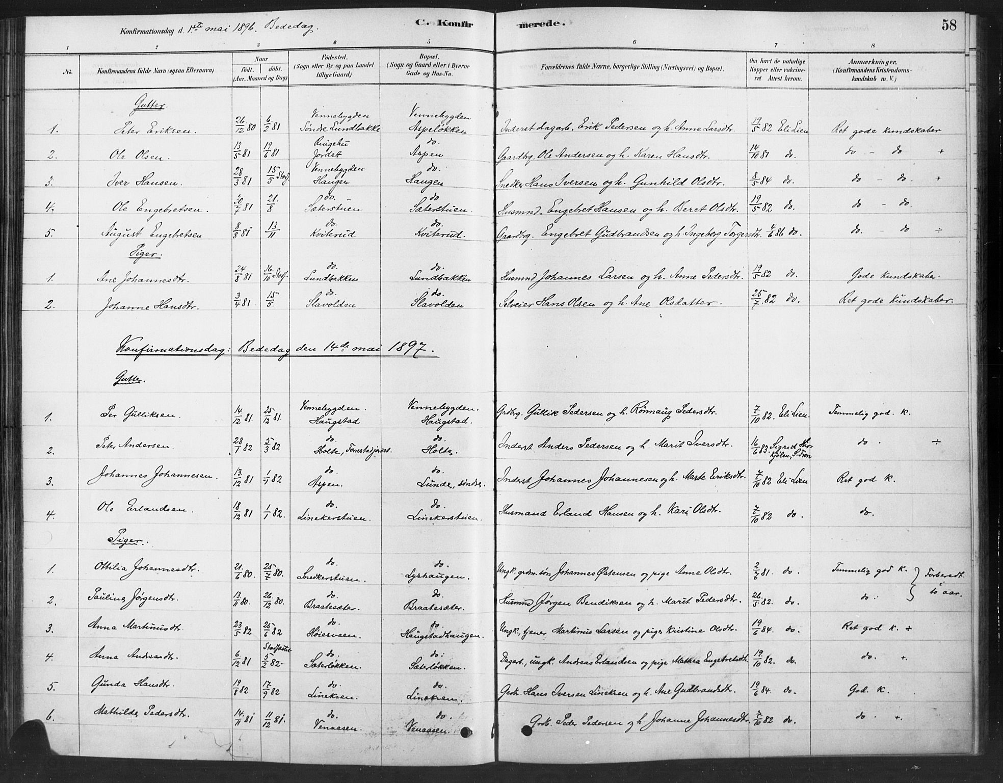 Ringebu prestekontor, SAH/PREST-082/H/Ha/Haa/L0010: Parish register (official) no. 10, 1878-1898, p. 58